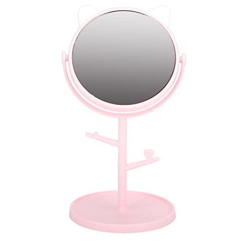 **Cat Ear Pink Princess Makeup Mirror - Round Vanity Mirror with LED Lights for Women & Girls, Perfect for Dressing Table, Bedroom, and Travel**