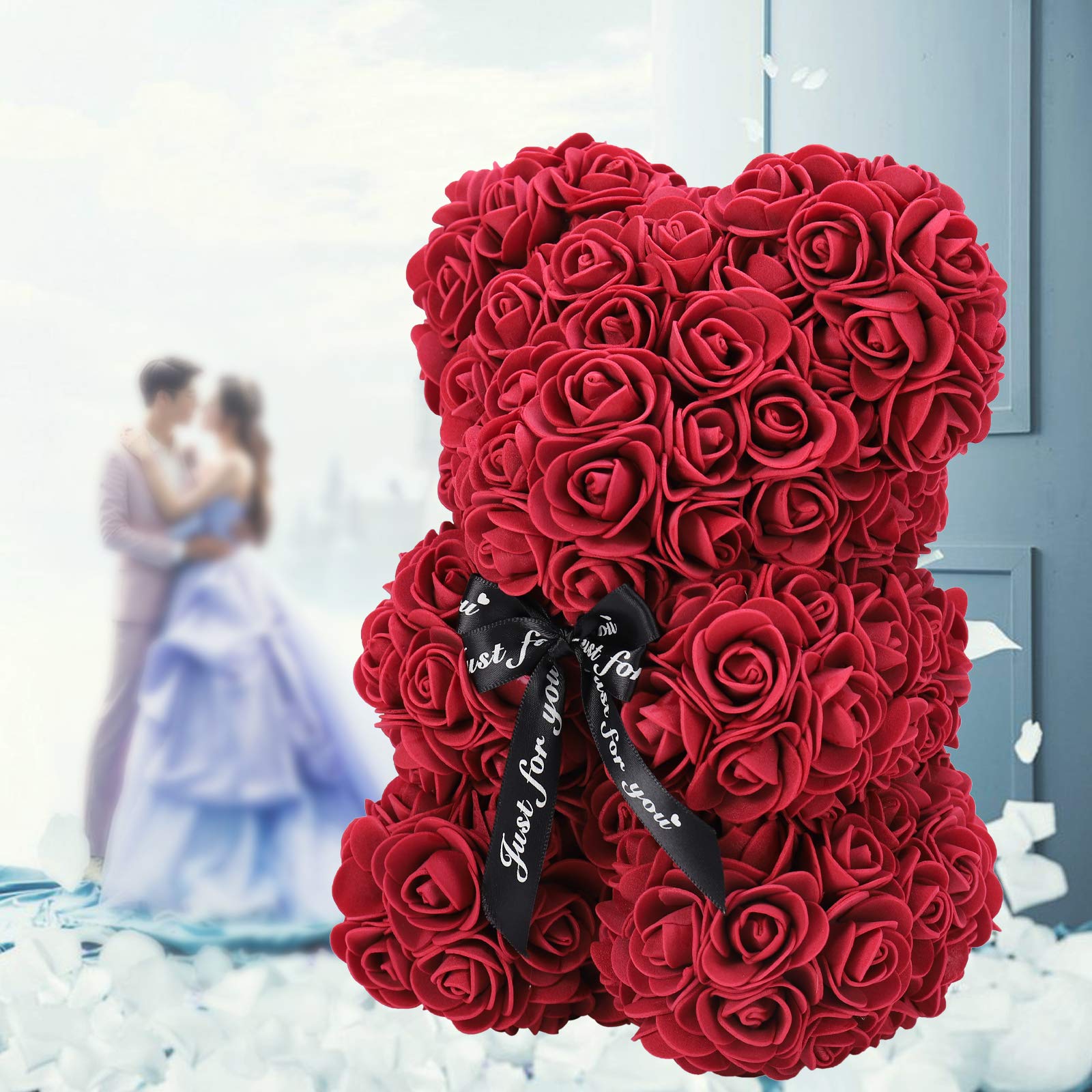 LINKLO 10-inch Rose Teddy Bear - Artificial Rose Flower Bear with Transparent Gift Box, Romantic Gift for Wedding, Mother's Day & Anniversary (Deep Red) | Perfect for Valentine's Day, Birthday Surprises & Home Decor