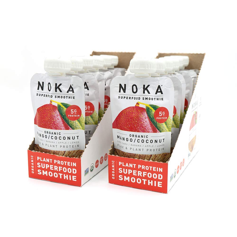 Organic Mango Coconut Superfood Smoothie Pouches - 100% Vegan, Gluten Free, Non-GMO Fruit & Veggie Blend with 5g Plant Protein, 4.2 Oz (Pack of 6) - Perfect for Kids Lunchboxes, Post-Workout Recovery & Healthy On-the-Go Snacking