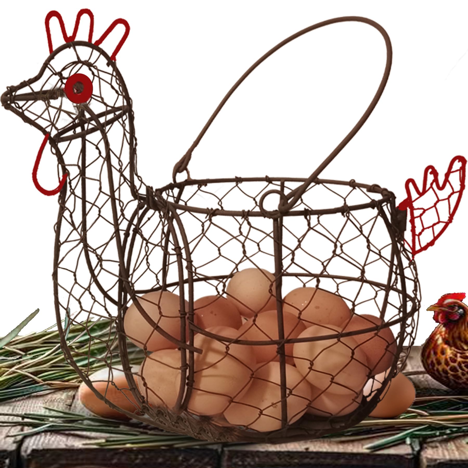TAIANLE Metal Wire Chicken Egg Basket with Handle - Rooster Shaped Organizer for Collecting Fresh Eggs, Kitchen Countertop & Farmhouse Decor - Perfect for Egg Storage, Fruit Display & Rustic Home Decor