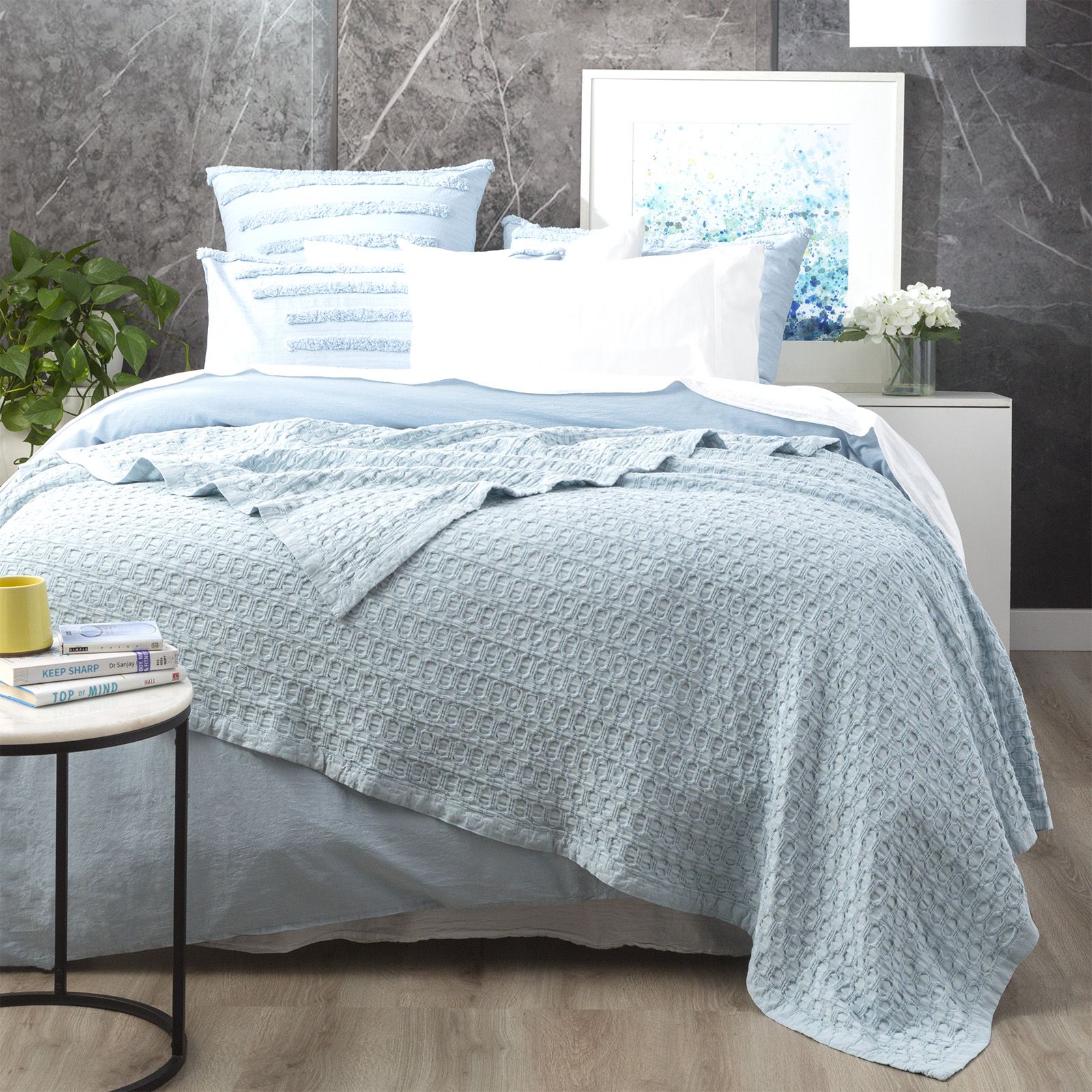 Renee Taylor Lexico Washed Cotton Waffle Weave Blanket - Soft & Cozy Sky Blue Throw for Bed, Couch & Lounge - Perfect for Home, Office & Travel
