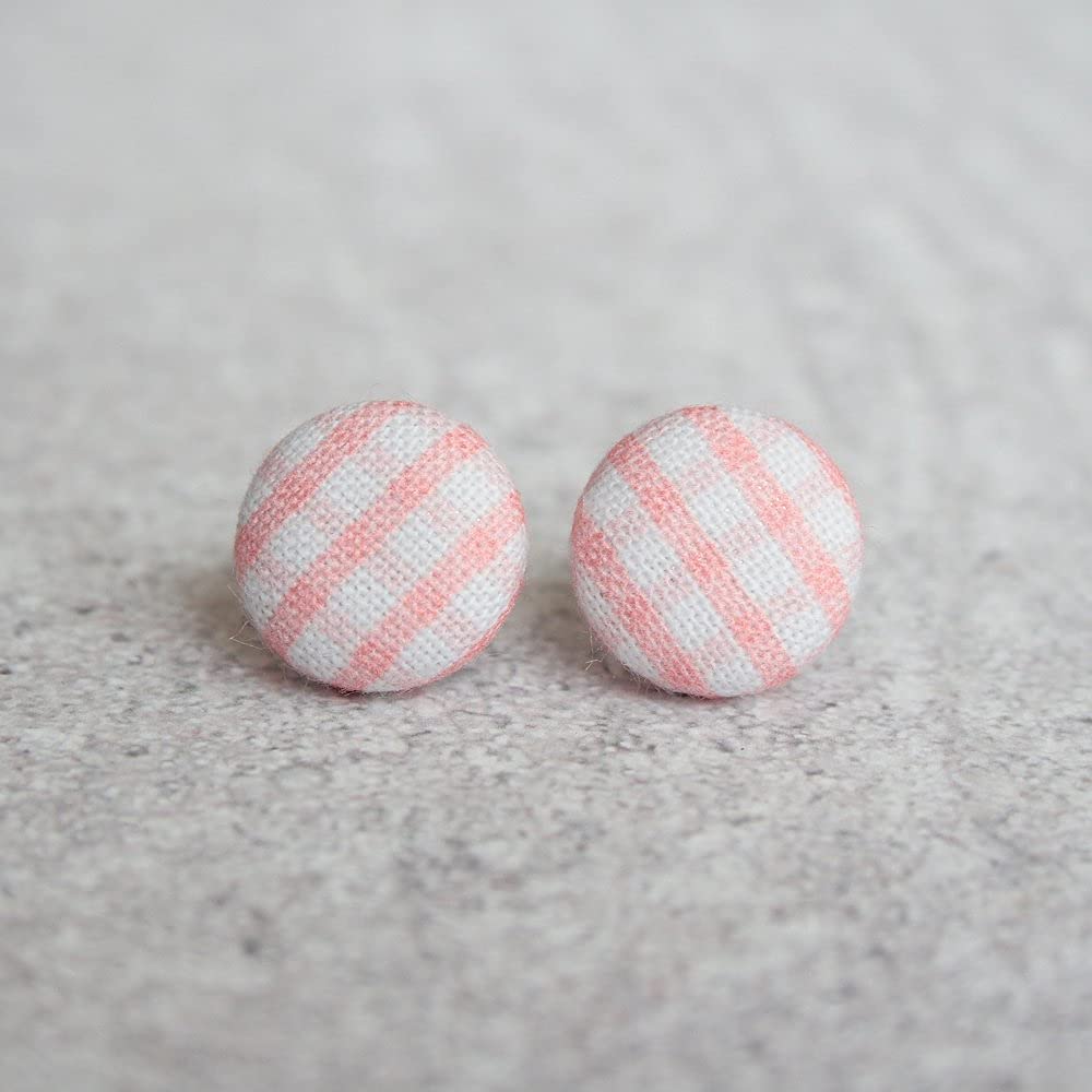 Pink Gingham Fabric Button Earrings for Women - Cute Floral Pattern Dangle Earrings - Perfect for Summer Outfits, Weddings & Boho Fashion Accessories