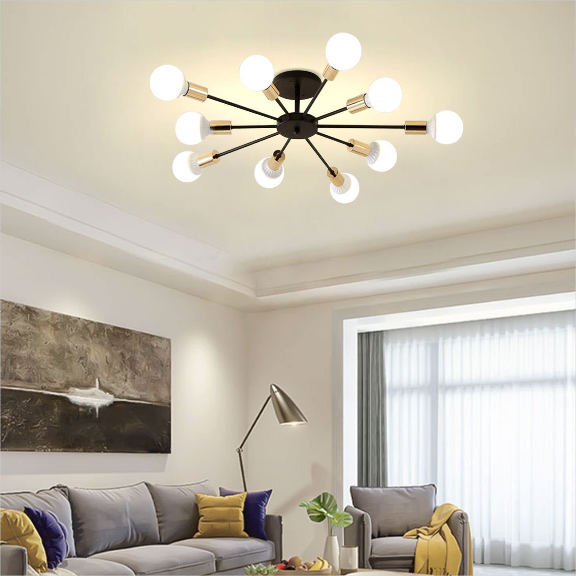 Vintage Industrial Semi-Flush Mount Ceiling Light - Mid Century Modern Black & Gold 10-Light Sputnik Chandelier for Farmhouse, Dining Room & Bedroom Lighting