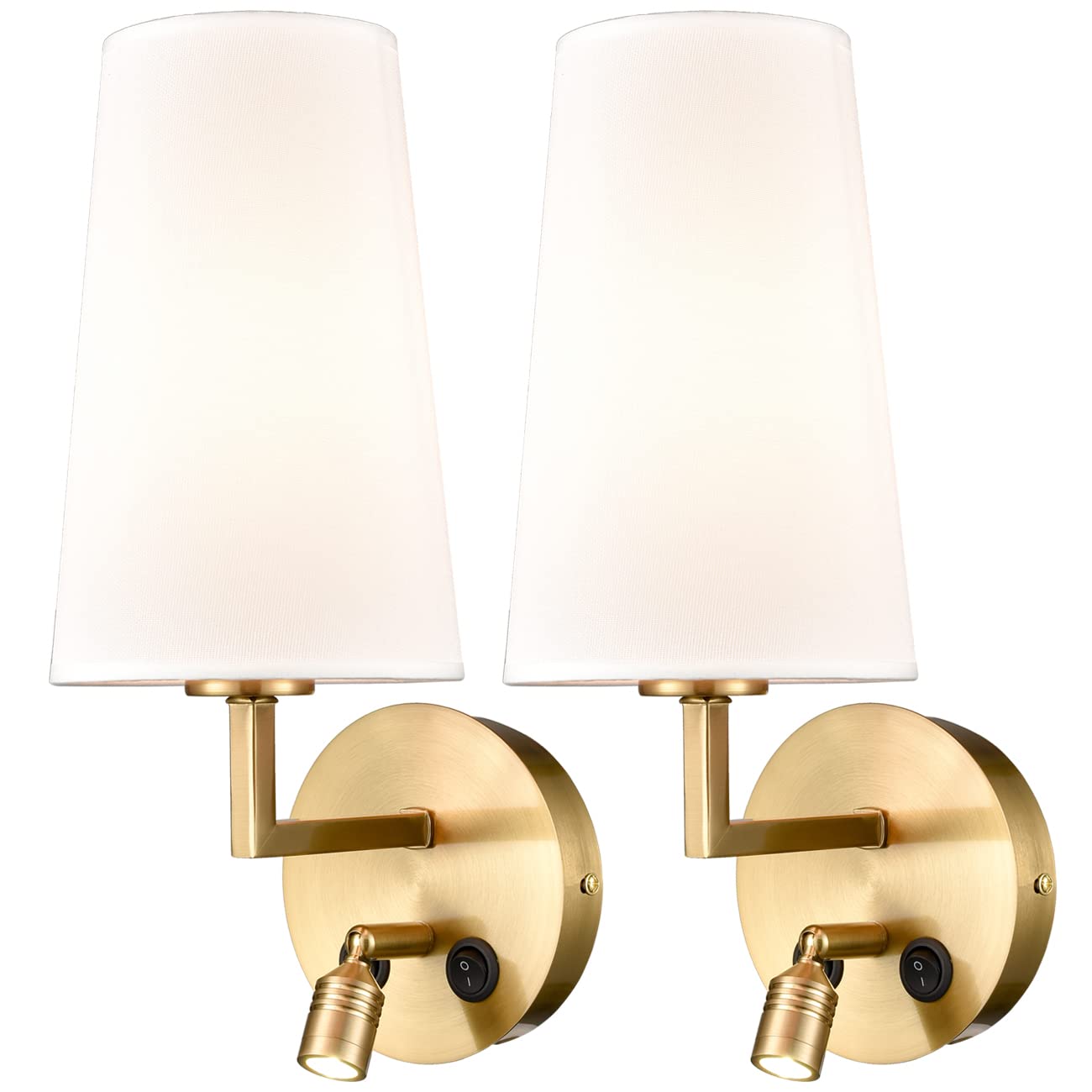Modern Brass Wall Sconces Set of 2 - Gold USB Wall Lamps with Fabric Shade & Switch - Bedroom, Hallway & Living Room Lighting - Perfect for Ambient Lighting & Home Decor