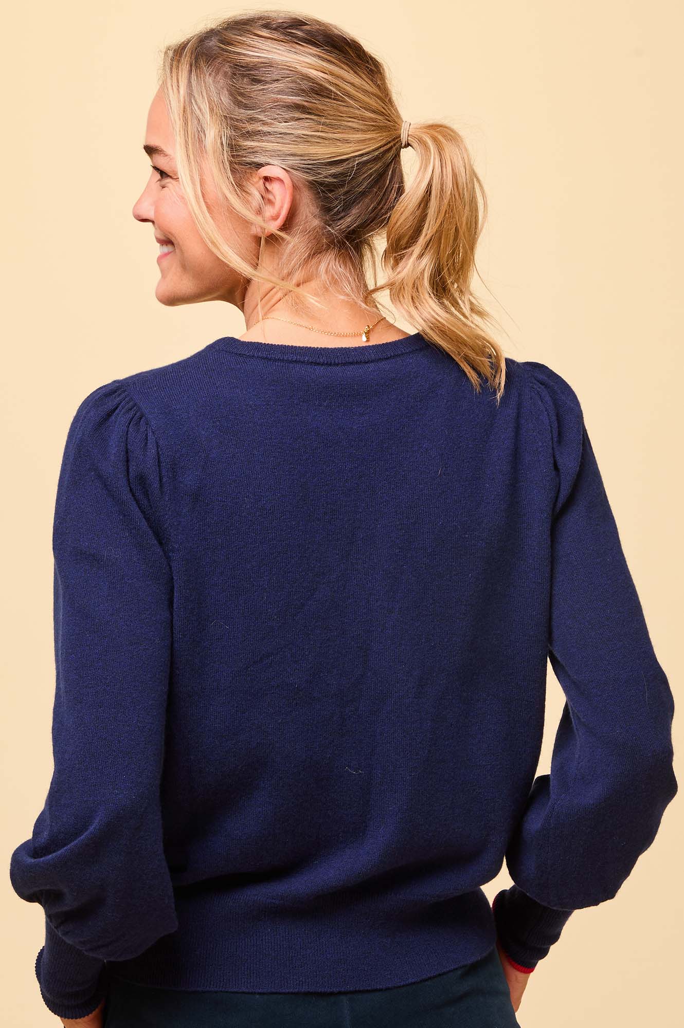 Merino Wool Hearts Crew Neck Sweater for Women - Navy & Red Striped Knit Pullover | Cozy Winter Fashion, Casual Outfit, Gift Idea