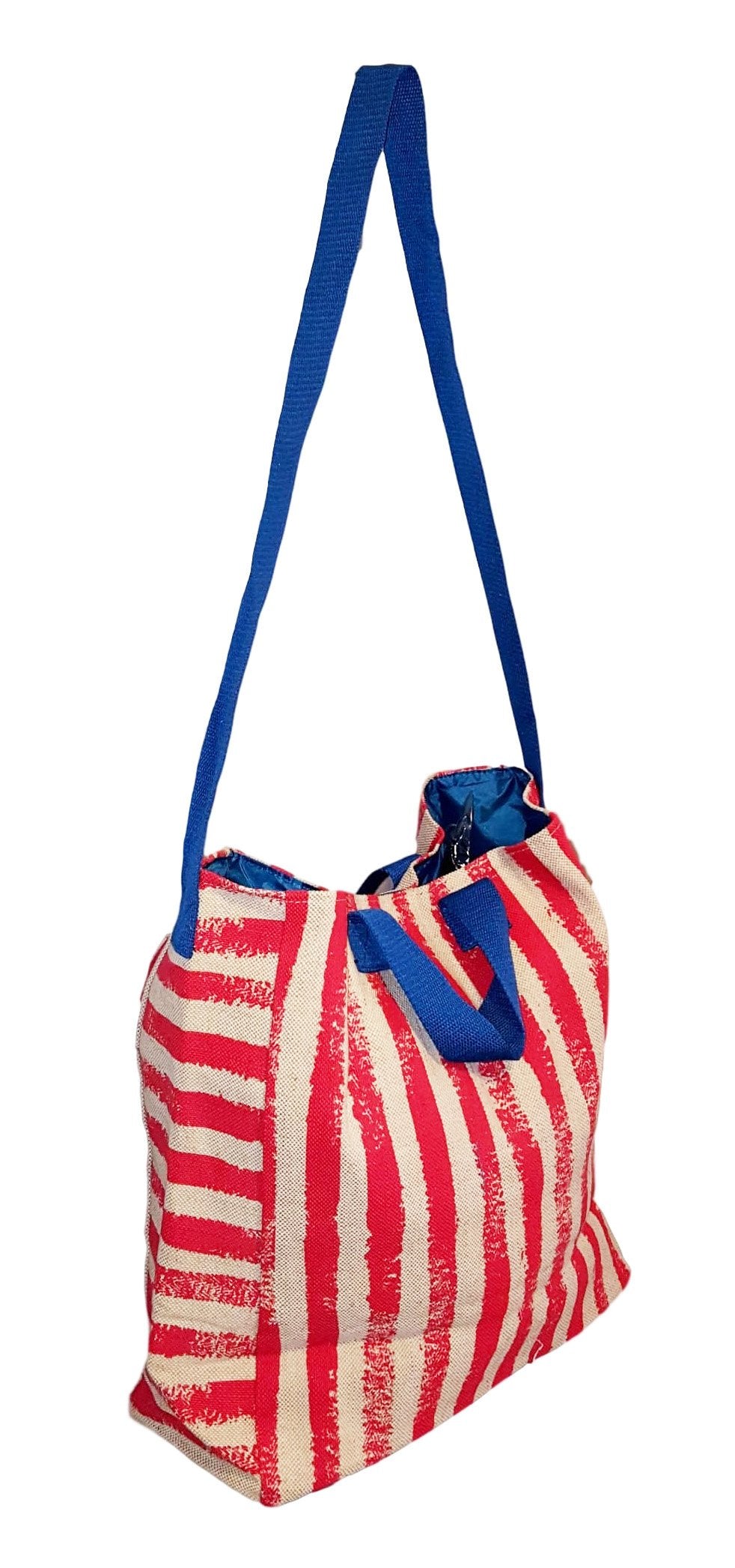 2 in 1 Large Beach Tote Bag with Custom Embroidery - Red Stripe & Blue Trim Crossbody Shoulder Bag for Women | Perfect for Travel, Shopping & Summer Outings
