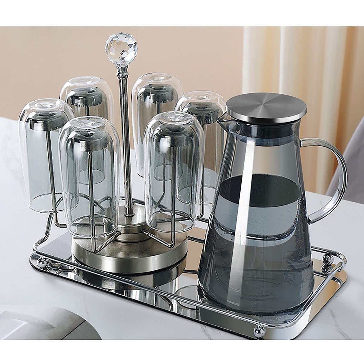 Premium High Borosilicate Glass Water Cup & Whiskey Decanter Set - Elegant Desktop Decor for Home/Office - Perfect Holiday & Birthday Gift (4 Colors + Metal Mirror Tray) - Ideal for Cocktail Parties, Wine Tasting & Housewarming Gifts
