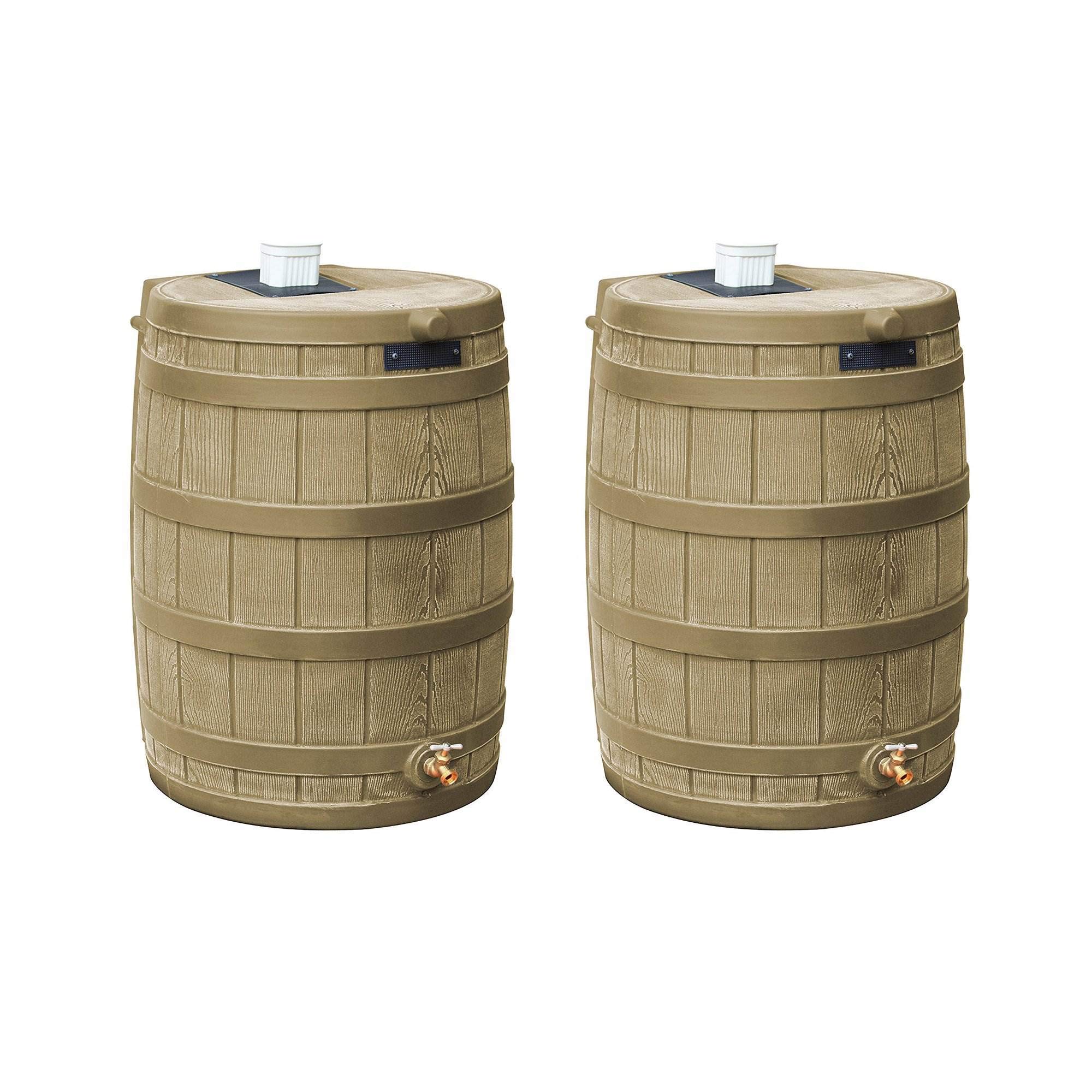 Good Ideas Rain Wizard 50 Gallon Plastic Rain Barrel with Brass Spigot - Water Collector for Garden & Outdoor Use (Khaki, 2 Pack) - Perfect for Eco-Friendly Water Conservation & Landscaping