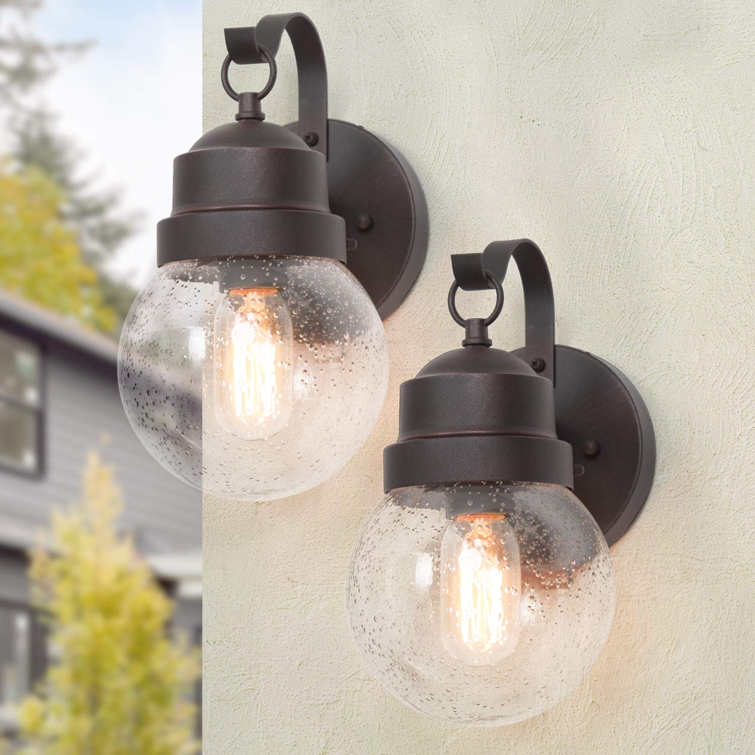 LALUZ 2-Pack Rustic Bronze Outdoor Wall Lights - Weatherproof Anti-Rust Exterior Sconces with Bubble Glass for Farmhouse, Porch, Front Door, Patio, Garage & Yard - Perfect for Outdoor Entryway, Garden Pathway & Backyard Ambiance Lighting