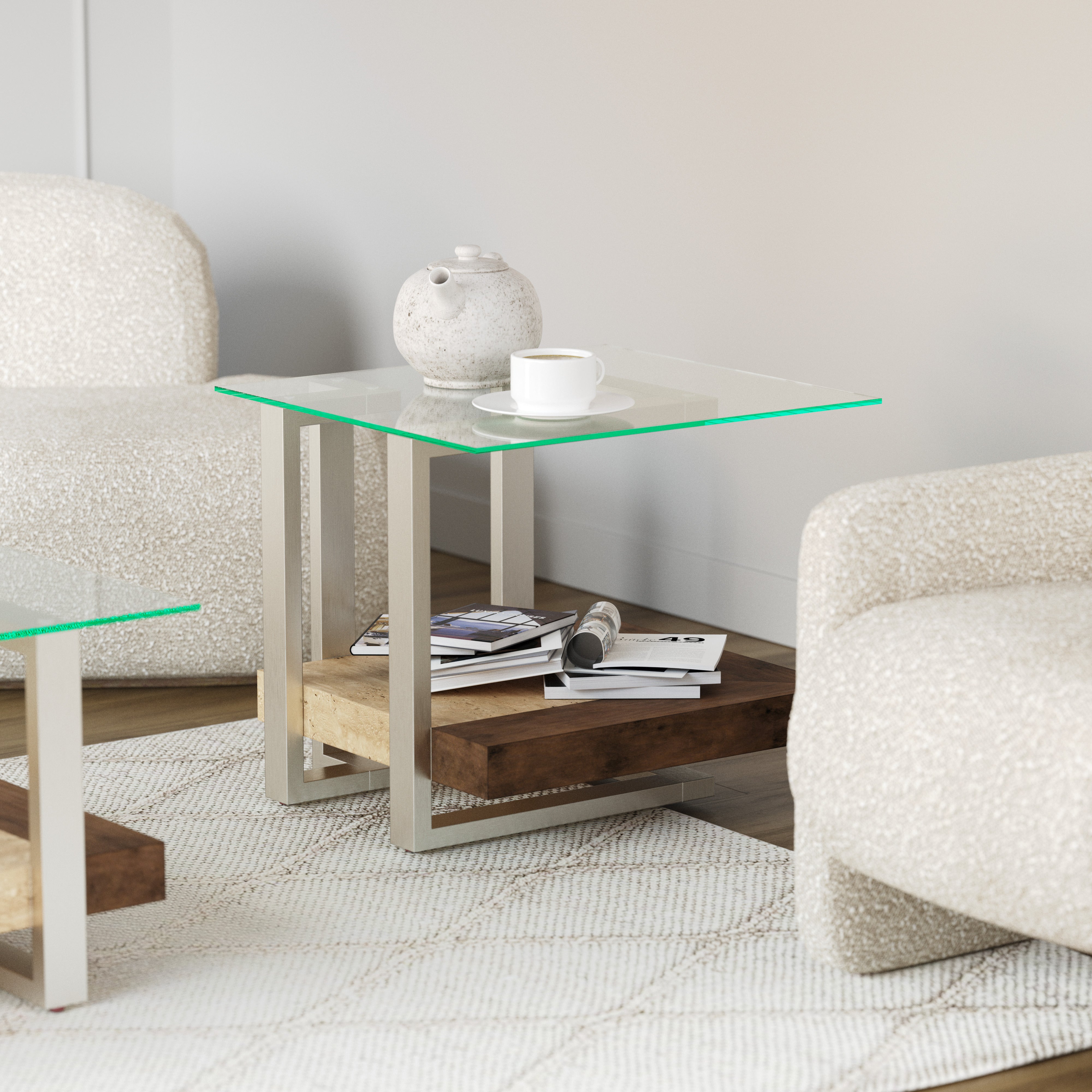 Roundhill Furniture Andes Glass End Table with Marble Shelf - Polished Nickel Finish - Modern Living Room Side Table for Sofa, Bedroom & Office Decor