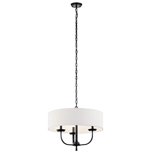 Kichler Kennewick 3-Light Black Chandelier with White Fabric Shade - Elegant Dining Room & Bedroom Ceiling Light Fixture for Modern Home Decor