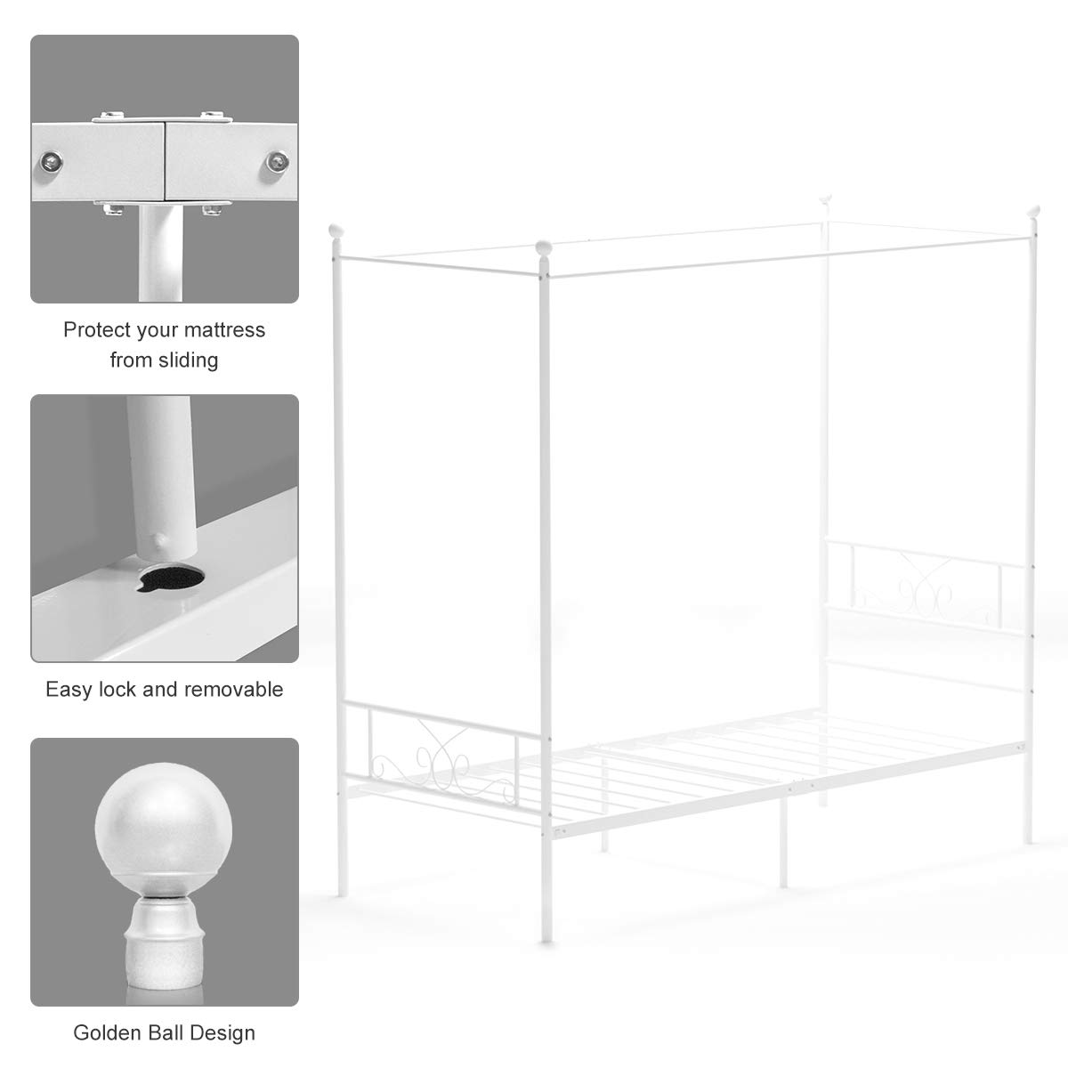 Weehom Twin Canopy Bed Frame with Headboard and Footboard - 4 Poster Metal Bed Frame for Kids & Adults - No Box Spring Needed - Sturdy Mattress Foundation Platform Bed in White - Perfect for Bedrooms, Guest Rooms & Dorm Decor