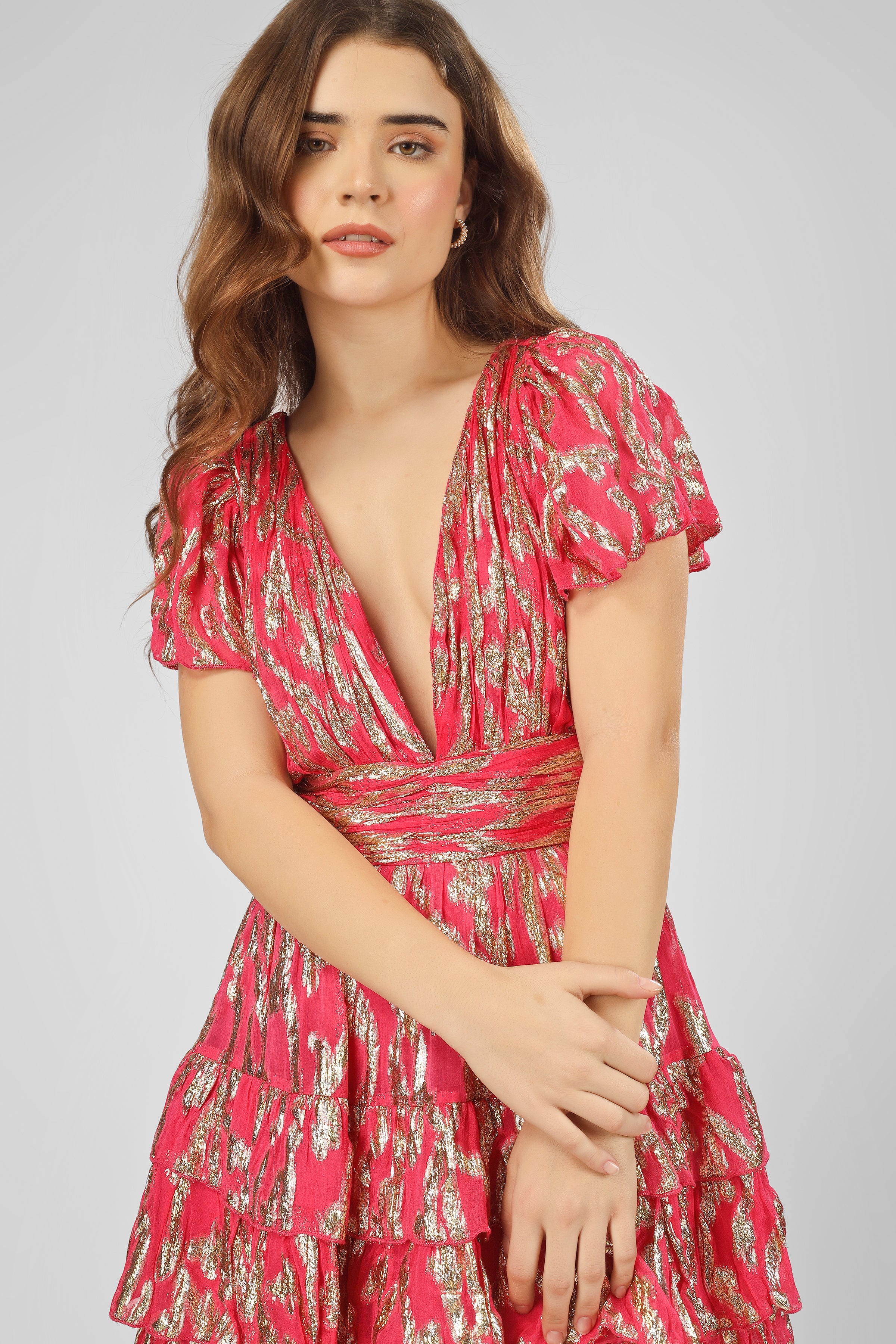 Madison Bright Pink Metallic Printed Mini Dress for Women - Party, Cocktail, Night Out, Date Night, Club Wear - Sexy & Stylish Fashion Outfit