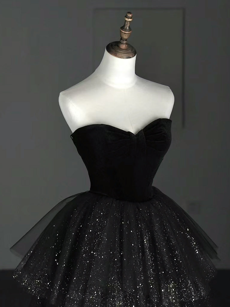 Elegant A-Line Sweetheart Neck Tulle Velvet Black Long Prom Dress | Formal Evening Gown for Homecoming, Ball, Wedding & Special Occasions