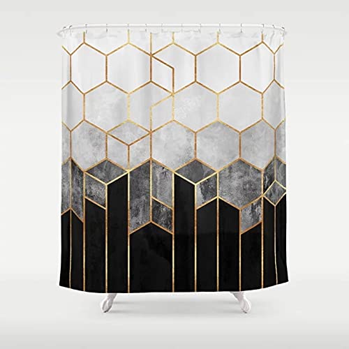 Waterproof Hexagon Geometric Shower Curtain - Charcoal Black Bathroom Decor with 12 Hooks | Modern Polyester Fabric for Stylish Showers & Bathroom Design