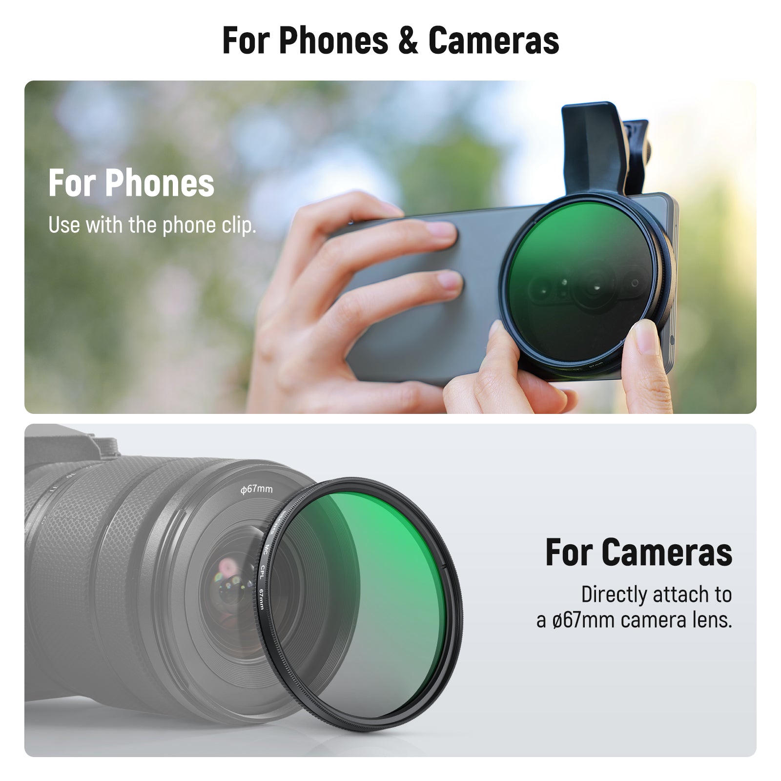 NEEWER FL B23/FL B19 67mm Clip-On CPL Filter for Smartphone Camera - Enhance Photos & Videos for Travel, Vlogging & Social Media