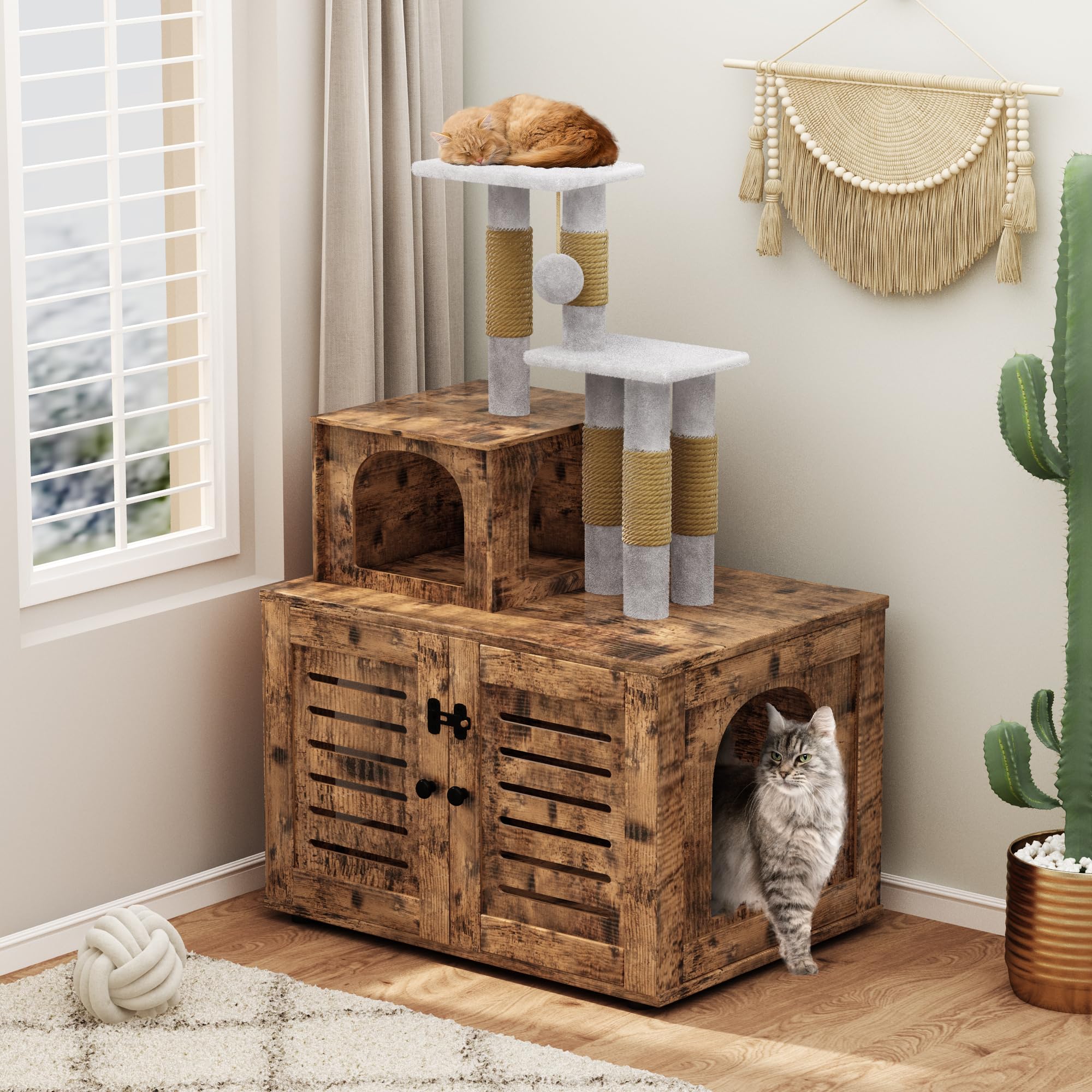 DKLGG Large Wooden Cat Tree with Hidden Litter Box Enclosure - Multi-Level Cat Condo with Sisal Scratching Posts, Plush Perch & Washroom Divider - Perfect for Indoor Cats Play, Rest & Privacy Needs