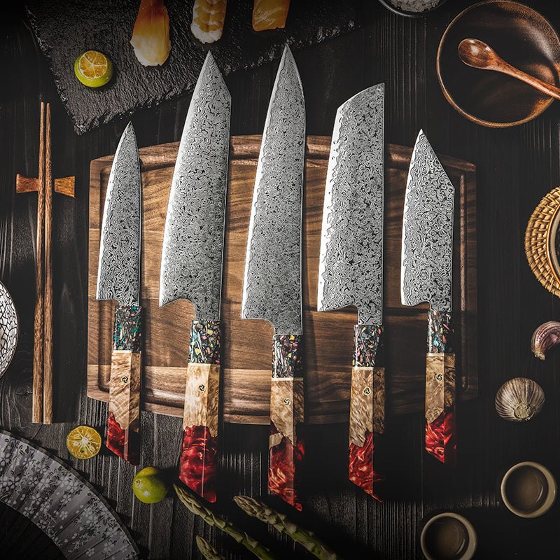 Premium Japanese Chef Knife Set - VG-10 Damascus Steel Blade with Exotic Stabilized Olive Wood Handle & Leather Sheath - Perfect for Professional Chefs & Home Cooking Enthusiasts
