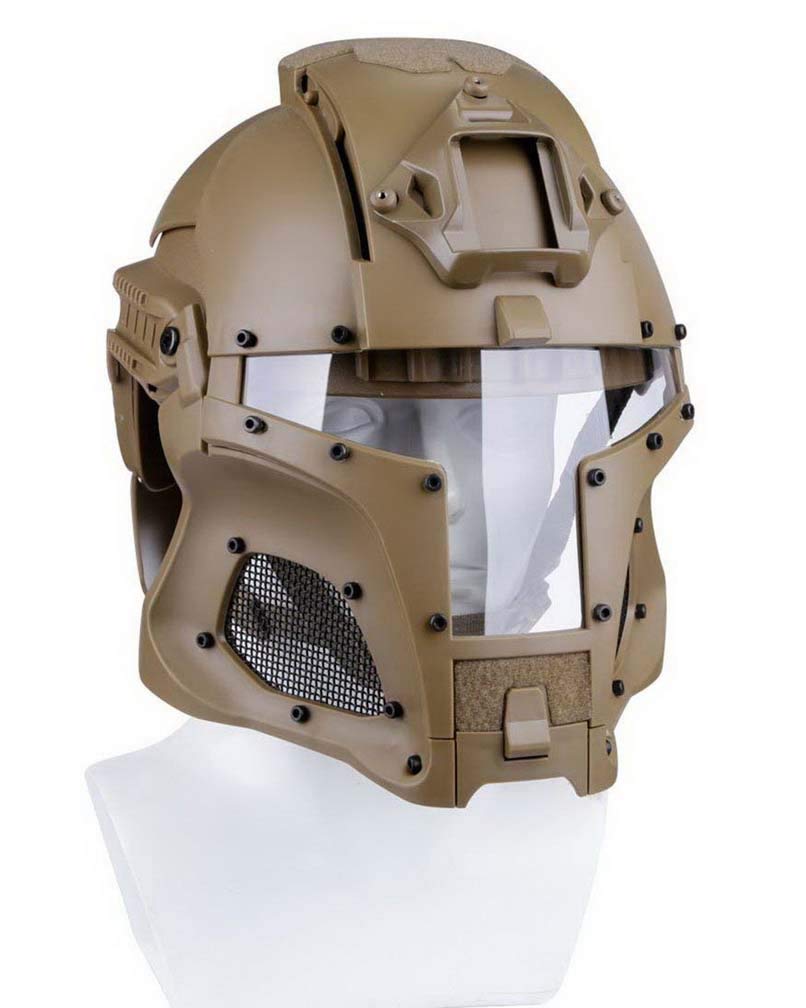 Tactical Airsoft Full Face Helmet - Mandalorian & Boba Fett Style Cosplay Mask with Interchangeable Lenses (Tan) - Perfect for Airsoft Games, Cosplay Events & Halloween Costumes
