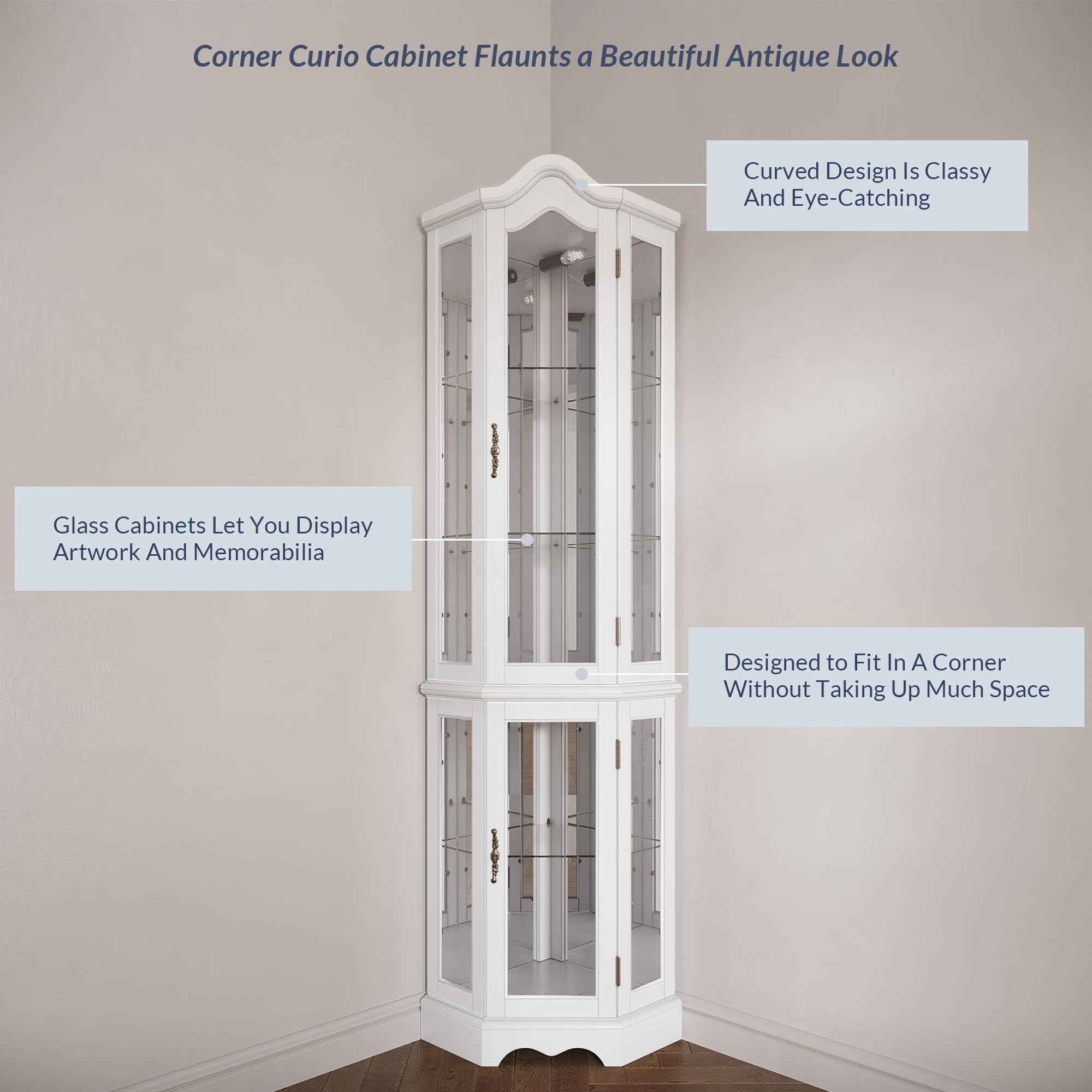 BELLEZE Lighted 3-Side Glass Display Curio Cabinet with Tempered Glass Doors & Shelves - Curved Wood Corner Cabinet with LED Bulbs - White Corner Storage Rack for Living Room, Dining Room & Office Decor