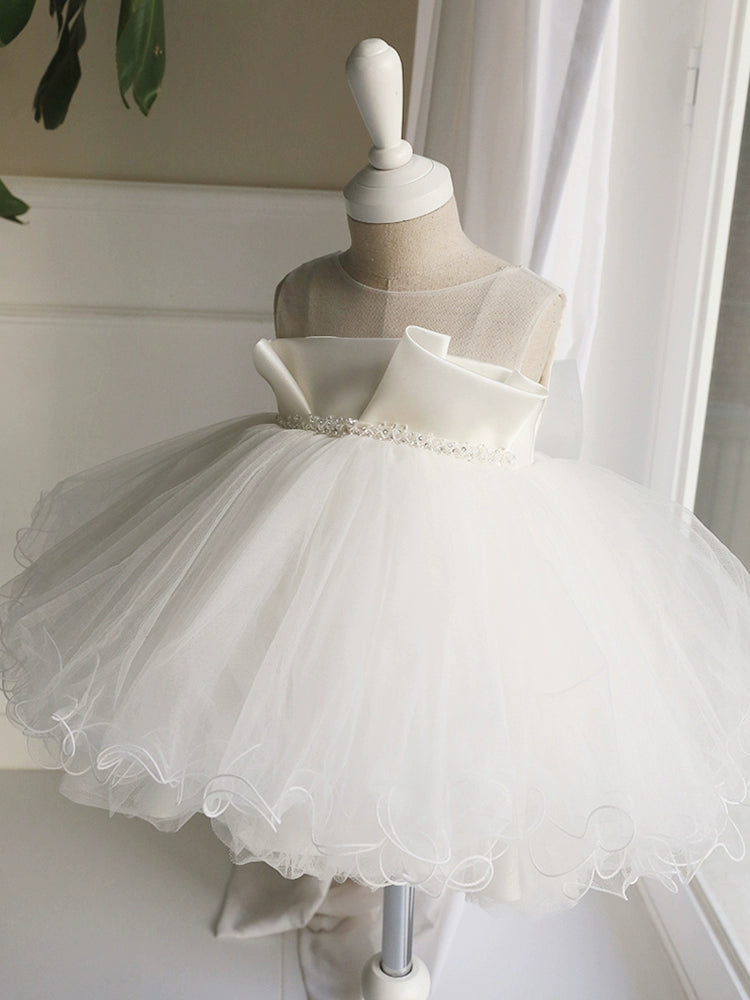 White Princess Round Tea Length Satin Flower Girl Dress for Weddings, Flower Girls & Special Occasions