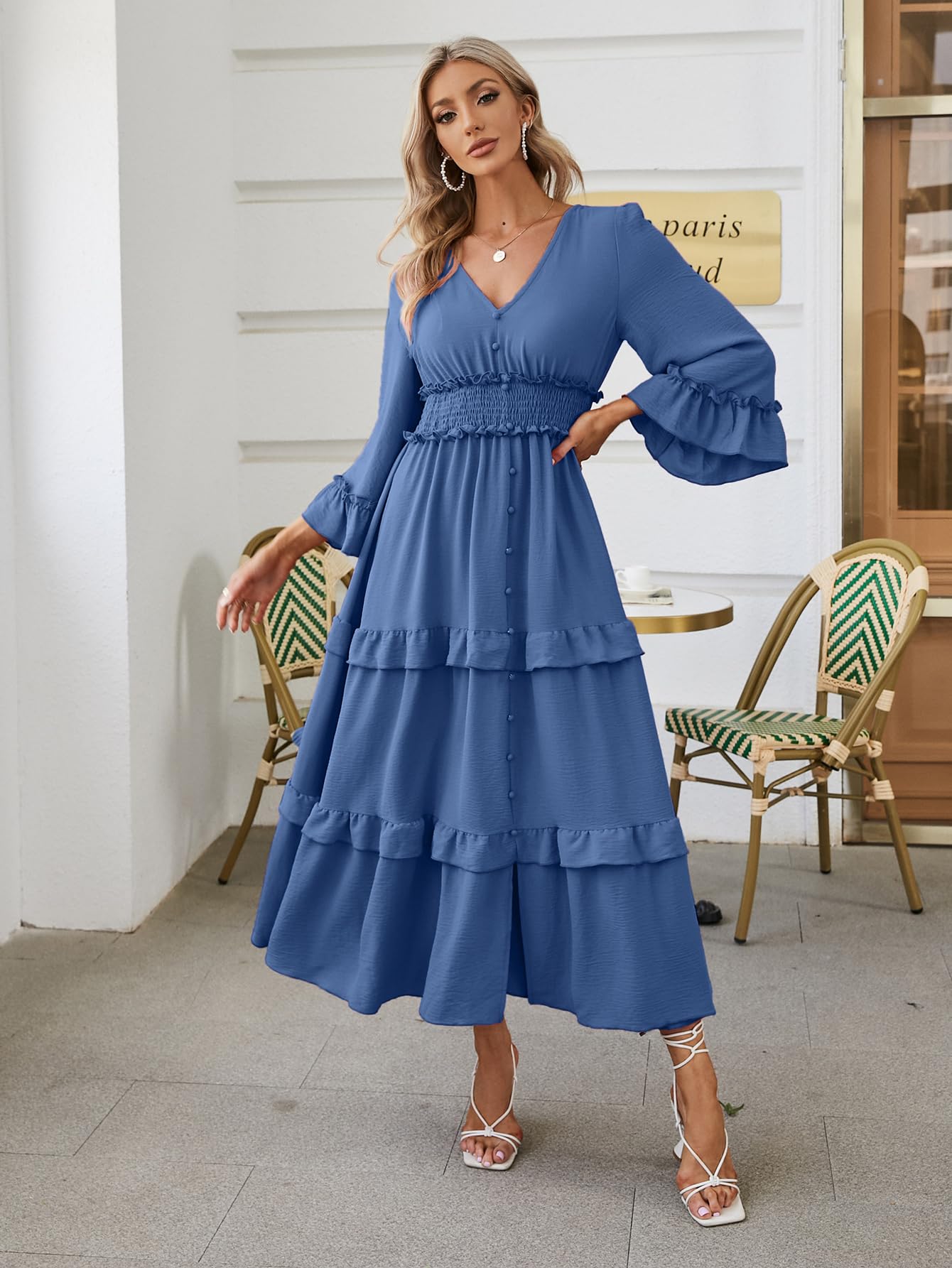 Amegoya Women's V-Neck Long Sleeve Bohemian Maxi Dress - Flowy Wedding Guest Dress for Summer, Engagement, Beach Party & Special Occasions