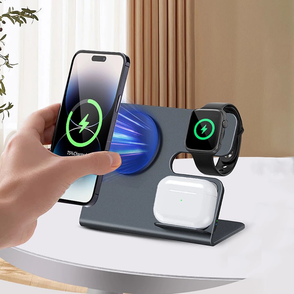 MagStorm 3-in-1 Magnetic Wireless Charger for iPhone 14/13/12, Apple Watch & AirPods - Fast Charging Stand for Home, Office & Travel