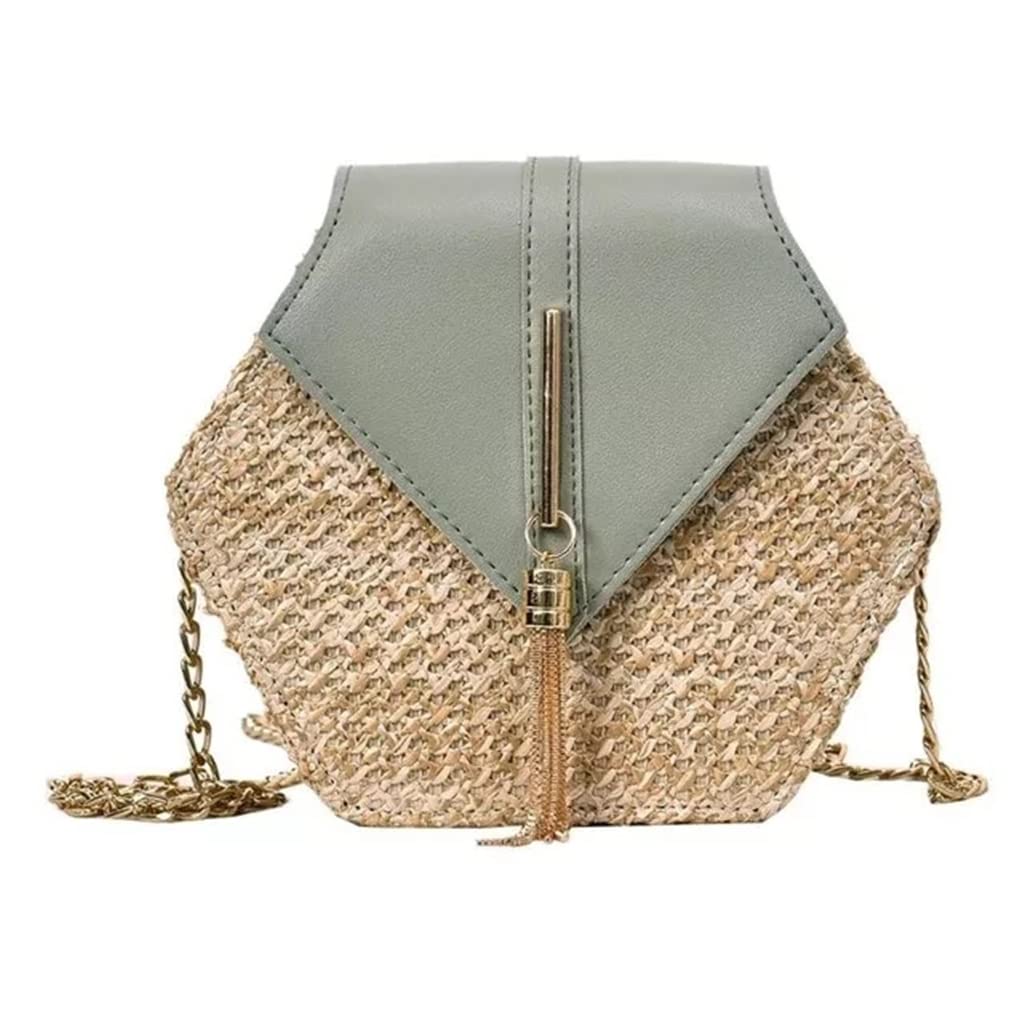 Stylish Hexagon Woven Rattan Shoulder Bag for Women - Handmade Crossbody Straw Purse, Summer Beach Boho Chic Accessory (Green, 21cm x 19cm x 6cm) | Perfect for Vacation, Outdoor Parties & Casual Outings