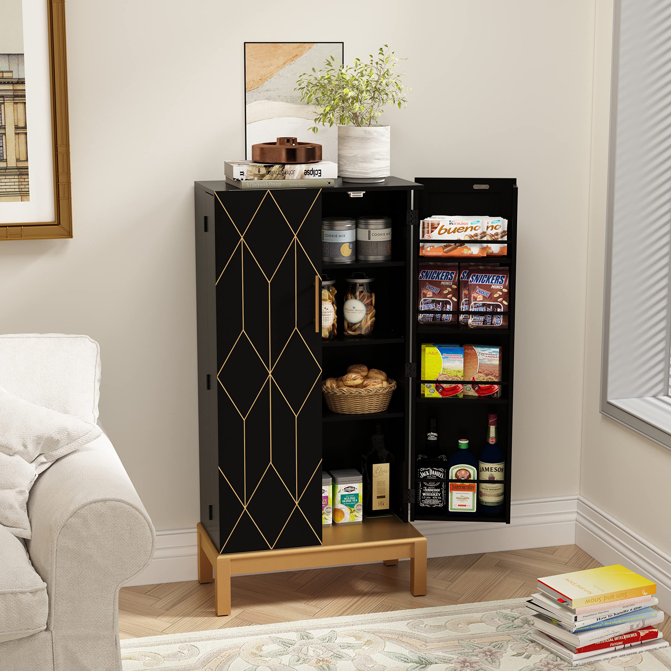 ARTPOWER 45-Inch Kitchen Pantry Cabinet with Gold Trim - Adjustable Shelves & Doors - Black Storage Cabinet with Gold Legs for Kitchen, Dining Room & Living Room - Perfect for Organizing Food, Dishes & Home Essentials