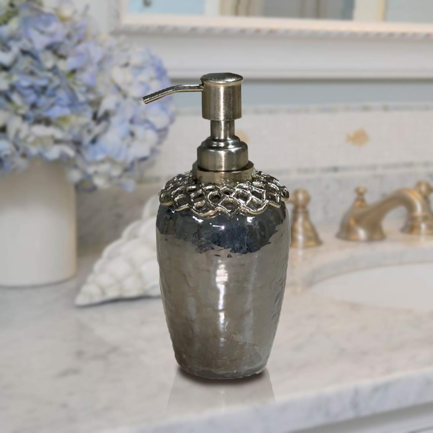 Decozen Brass and Glass Gold Soap Dispenser - Refillable Liquid Soap & Lotion Pump for Kitchen, Bathroom, and Home Decor | Elegant Arabesque Collection | Perfect for Modern Farmhouse, Luxury Spa, and Guest Bathroom Essentials