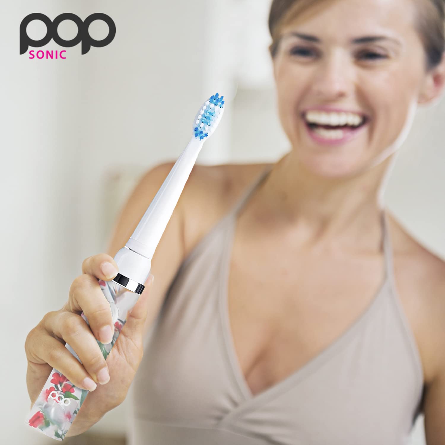 Pop Sonic Electric Toothbrush for Kids & Adults - White Floral Travel Toothbrush with 2 Speed Modes (15,000-30,000 RPM), AAA Battery Powered, Dupont Nylon Bristles | Perfect for Home, Travel & Daily Oral Care