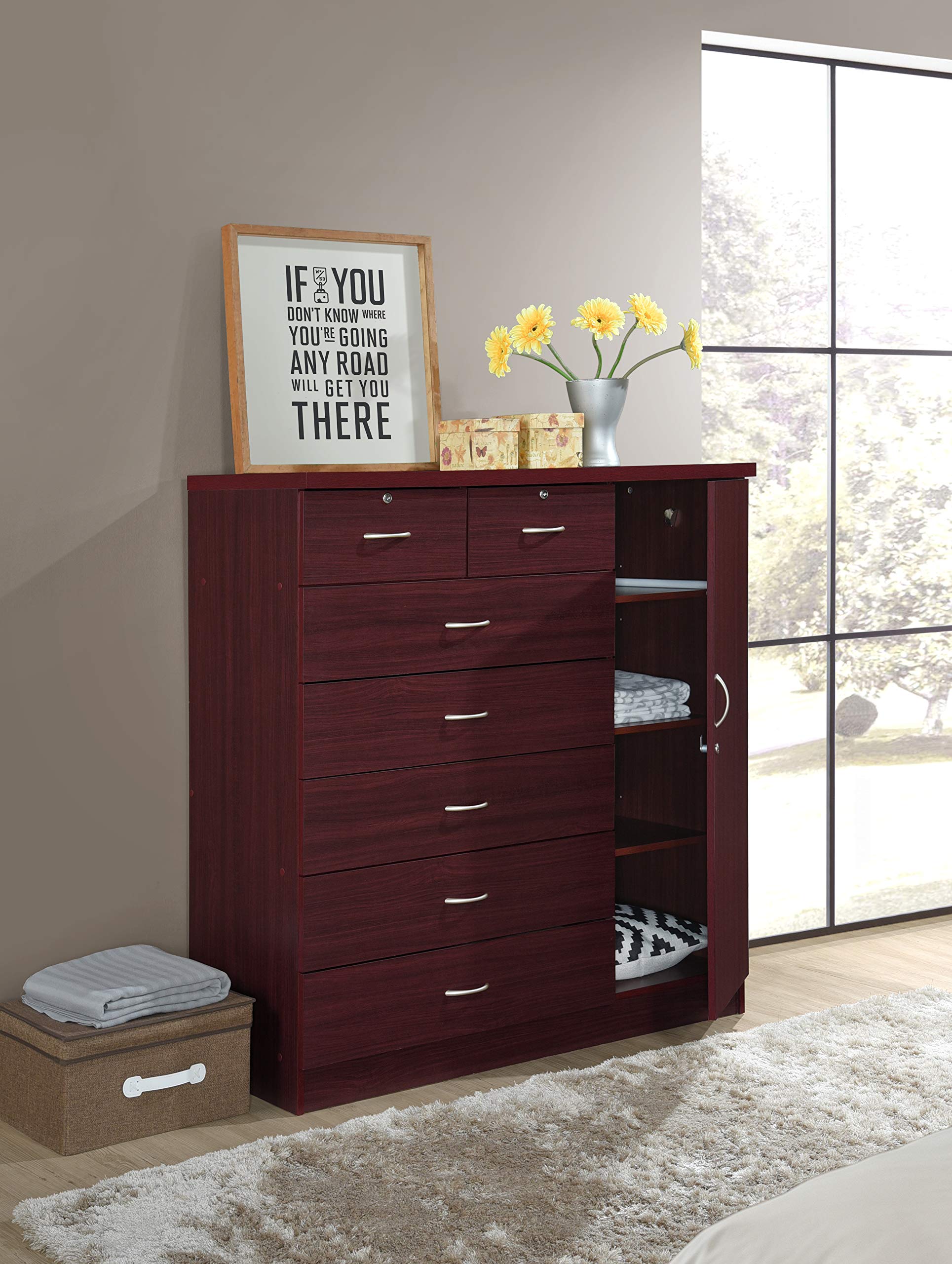 Hodedah 7-Drawer Jumbo Chest Organizer - 5 Large & 2 Small Drawers with Lock, Hanging Rod & 3 Shelves - Mahogany Finish (17.76