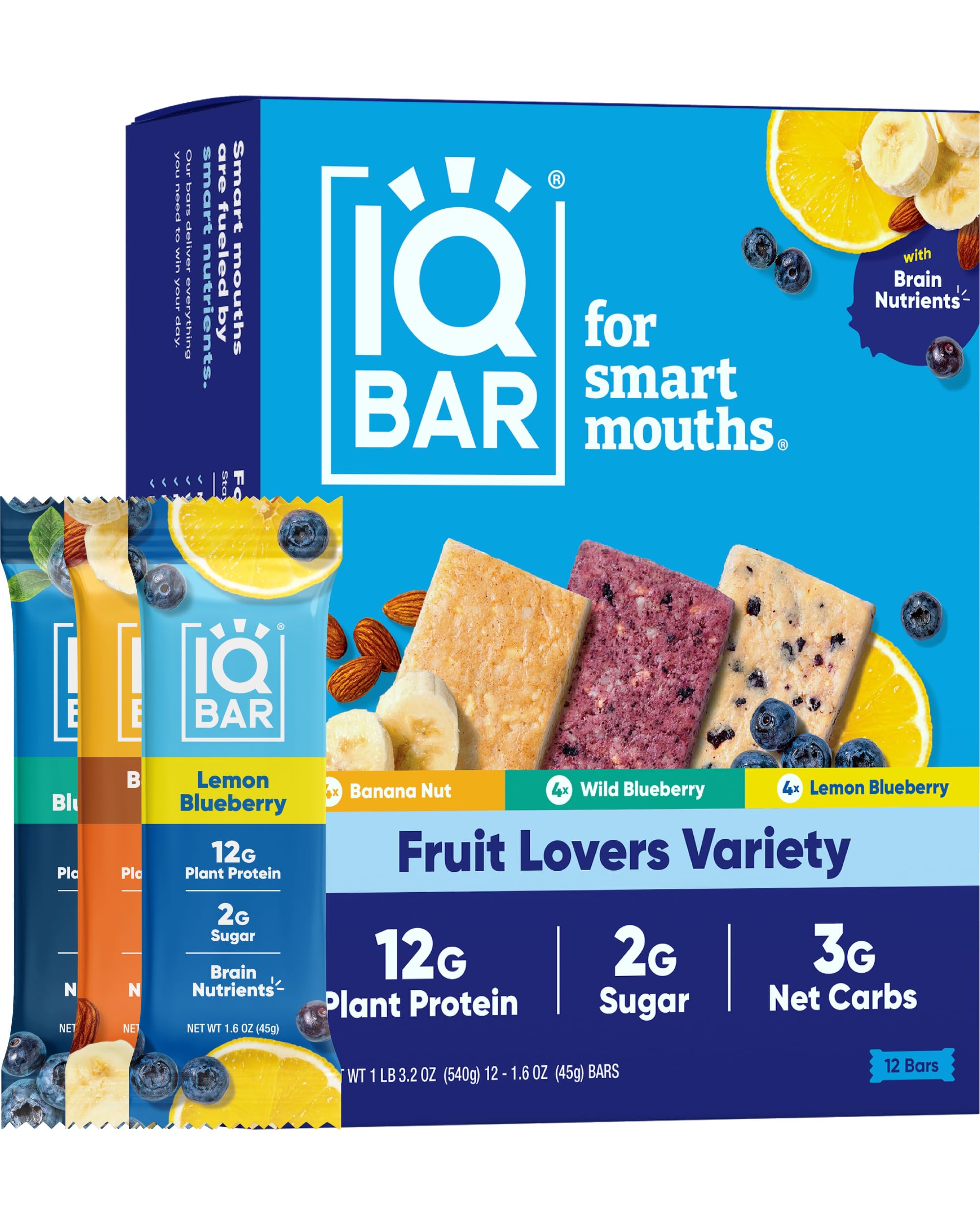 IQBAR Brain and Body Plant Protein Bars - Fruit Lovers Variety Pack (12 Count) - Low Carb, Gluten Free, Vegan Snacks with High Fiber - Keto Friendly Meal Replacement for Workout Recovery & Healthy On-the-Go Nutrition