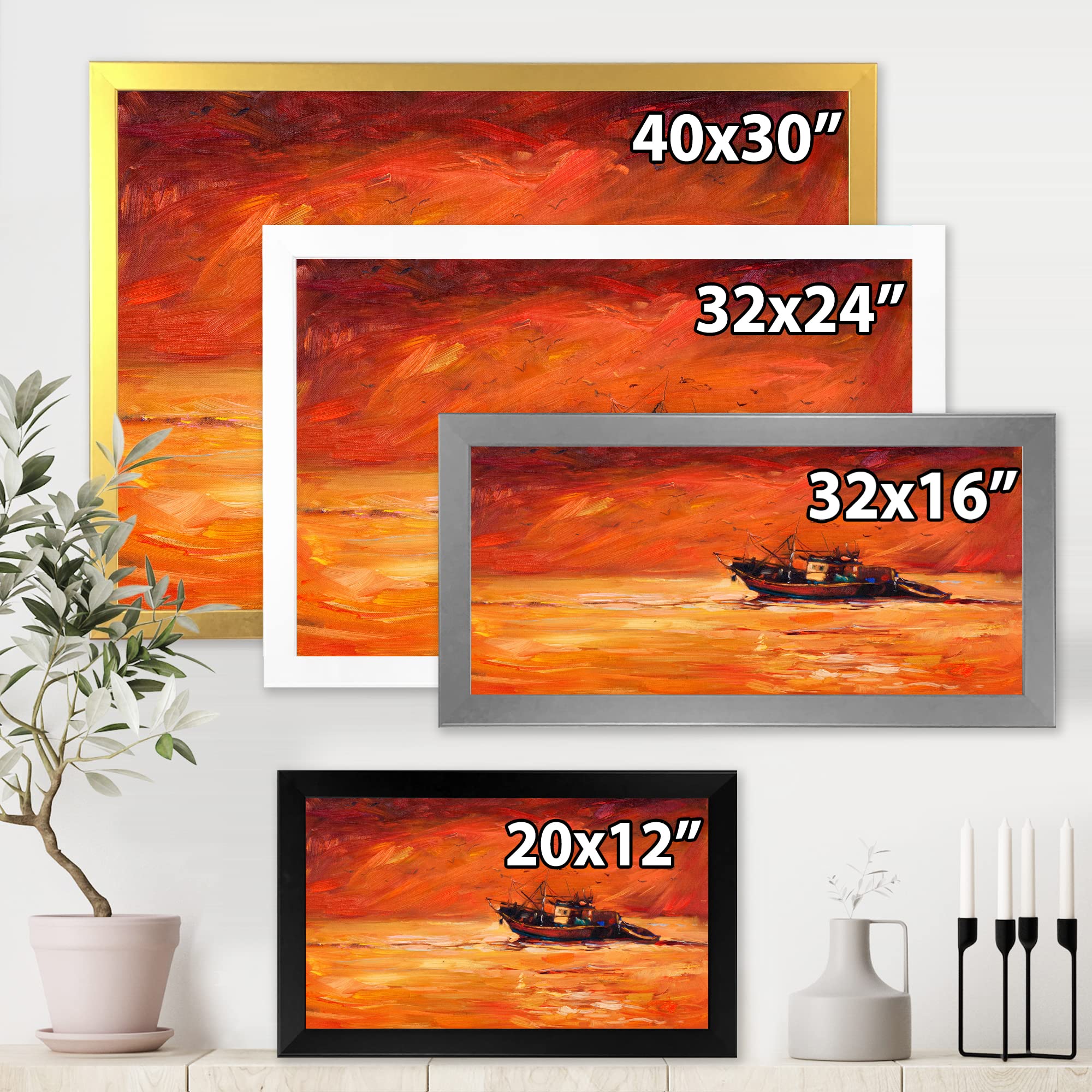 Coastal Framed Wall Art - Fishing Boat at Sunset, Nautical Home Decor for Living Room, Bedroom & Office | Perfect Beach House & Seaside Theme Decoration