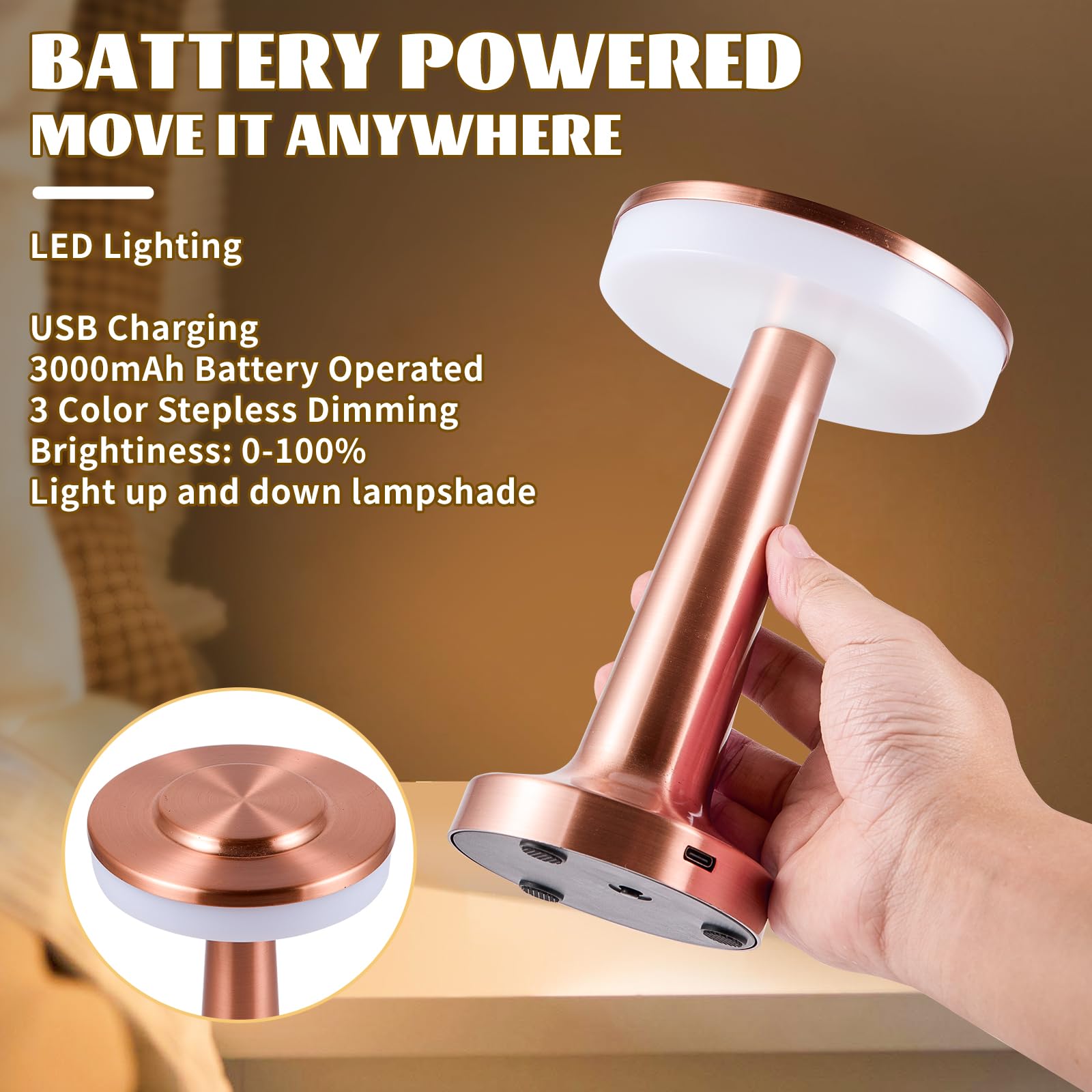 Rechargeable Cordless LED Table Lamp with Touch Sensor - 3-Level Dimmable Battery Operated Night Light for Bedroom, Restaurant, Coffee Shop & Outdoor Use (Gold)