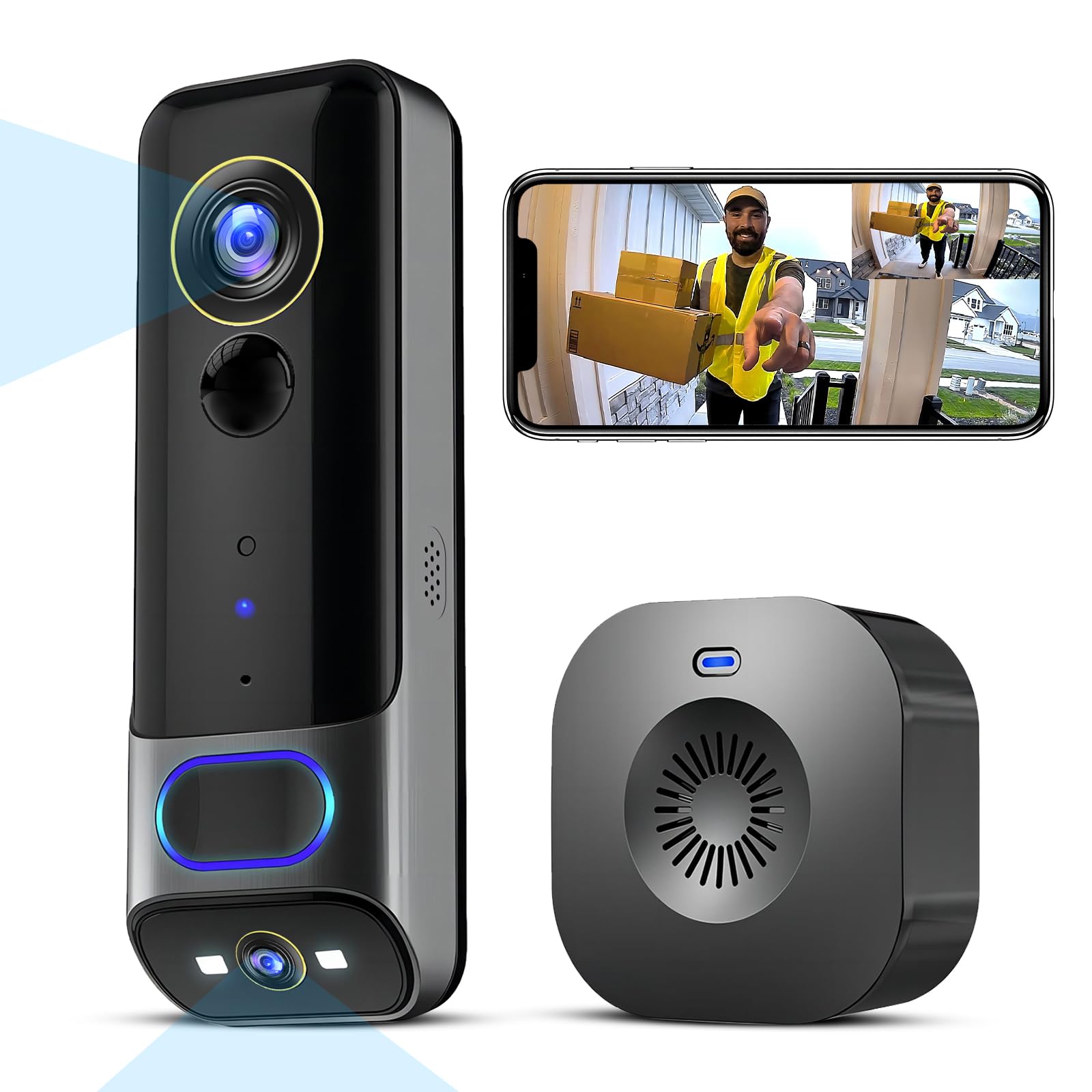 Wireless Video Doorbell Camera with Dual Cameras, Chime, 2-Way Audio, Human Detection & Night Vision - No Subscription Required | Ideal for Home Security, Package Delivery Monitoring & Smart Doorbell System