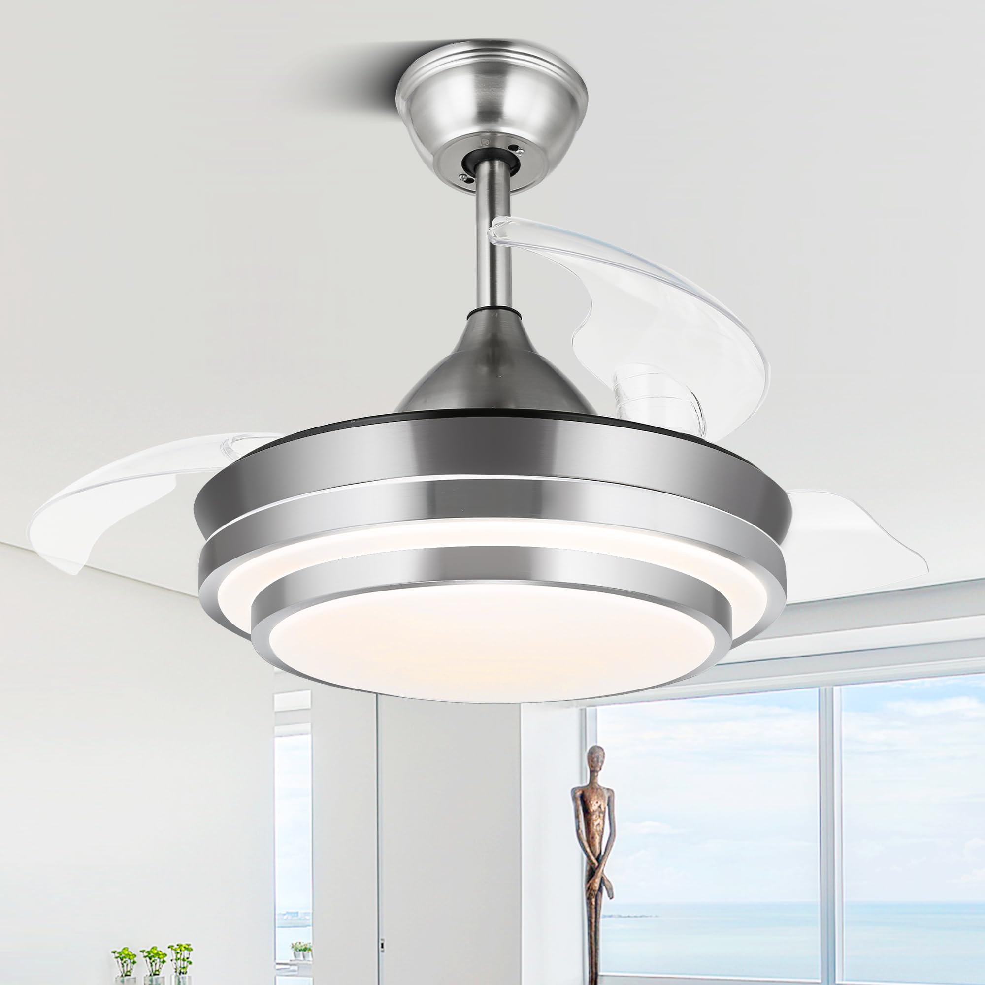 36 Inch Retractable Ceiling Fan with Remote Control - Modern Smart Ceiling Fan with LED Lights, 6 Speed Silent DC Motor, Reversible Blades, 3 Color Temperatures & Timer - Brushed Nickel Finish for Living Room, Bedroom or Office