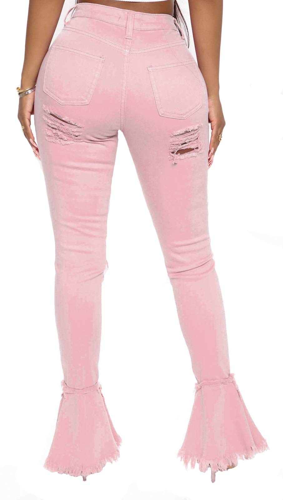 Women's High Waist Bell Bottom Jeans - Distressed Ripped Flare Denim Pants with Stretchy Elastic Waistband & Raw Hem | Retro 70s Vintage Style for Casual Outfits, Music Festivals and Boho Fashion