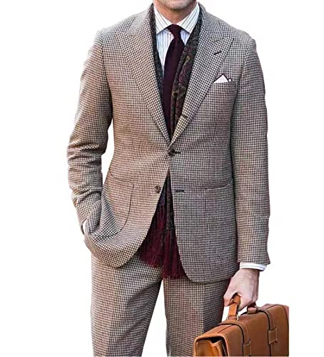 Premium Houndstooth Brown 3-Piece Men's Suit Set - Slim Fit Peaked Lapel Tuxedo with Blazer, Vest & Pants for Wedding, Business & Formal Events