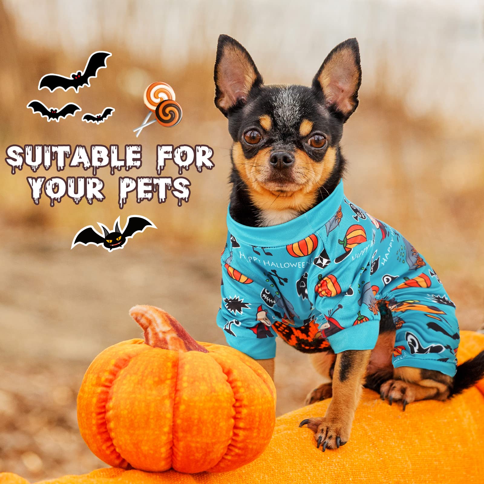 5-Piece Dog Winter Pajamas Set - Cute Puppy Bodysuit with Skull & Ghost Print, Pumpkin Pet Costume for Halloween - Warm Holiday Dog Shirts for Small Medium Large Dogs - Perfect for Christmas, Halloween Cosplay & Indoor Winter Wear