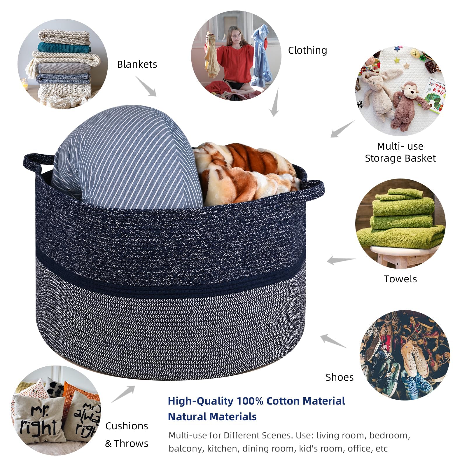 Handmade Large Cotton Rope Storage Basket - 86L Woven Laundry Hamper for Blankets, Clothes & Toys | Perfect for Bedroom, Nursery & Laundry Room Organization