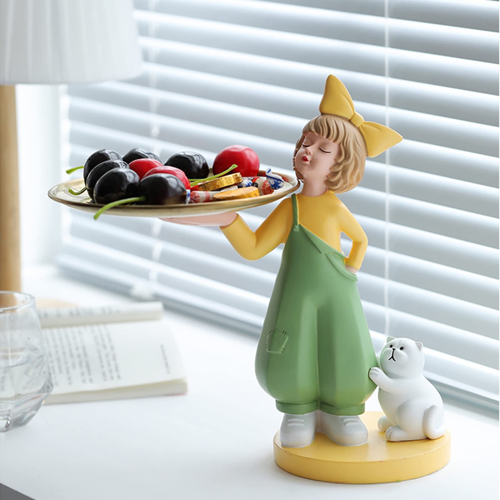 Cute Girl Cat Resin Statue with Storage Tray - Modern Home Decor Sculpture for Jewelry, Keys & Candy Storage | Desktop Organizer for Office & Bedroom Decor