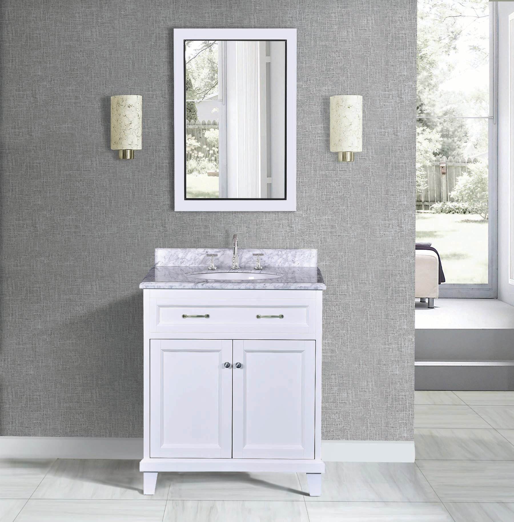 White Bathroom Vanity with Solid Wood Frame & Carrara Marble Top - 3 Size Options for Modern Bathroom Decor | Perfect for Master Bath, Guest Bath & Small Space Remodeling