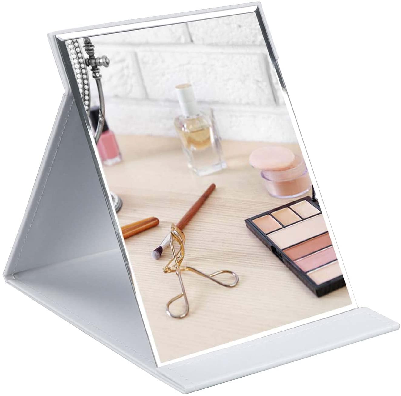 DANSR Makeup Mirror with Adjustable Stand - Portable Folding Vanity Mirror for Tabletop, PU Leather Cover, Perfect for Travel, Camping, Home & Office Use - Ideal for Makeup Application, Skincare Routine and Grooming (White)