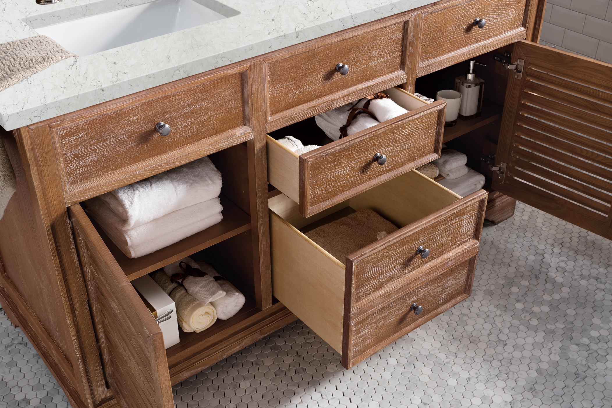 Savannah 60 Inch Double Vanity Cabinet in Driftwood Finish with 3CM Eternal Jasmine Pearl Quartz Countertop - Perfect for Bathroom Remodeling and Modern Home Decor