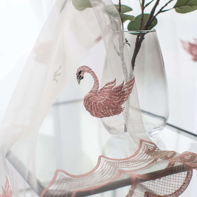 Elegant White Sheer Gauze Custom Curtains with Pink Swan Design - Perfect for Bedroom, Living Room & Nursery Window Treatments