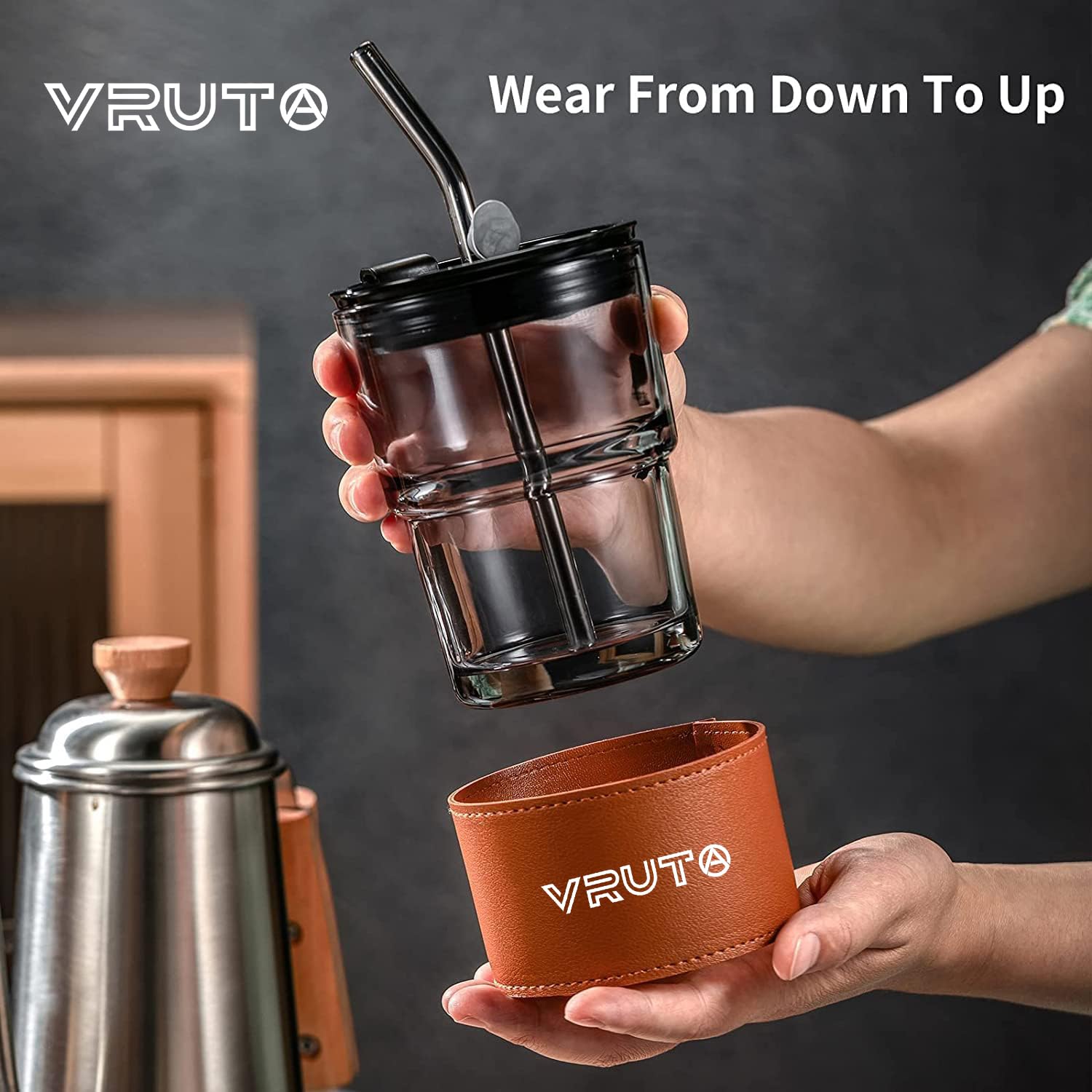 VRUTA Insulated Leather Grip Coffee Tumbler with Lid & Silicone Straw - 16oz Double Wall Glass Travel Mug for Hot/Cold Drinks - Perfect for Coffee, Tea, Juice - Office, Commute, Camping, Gift (1 Pack)