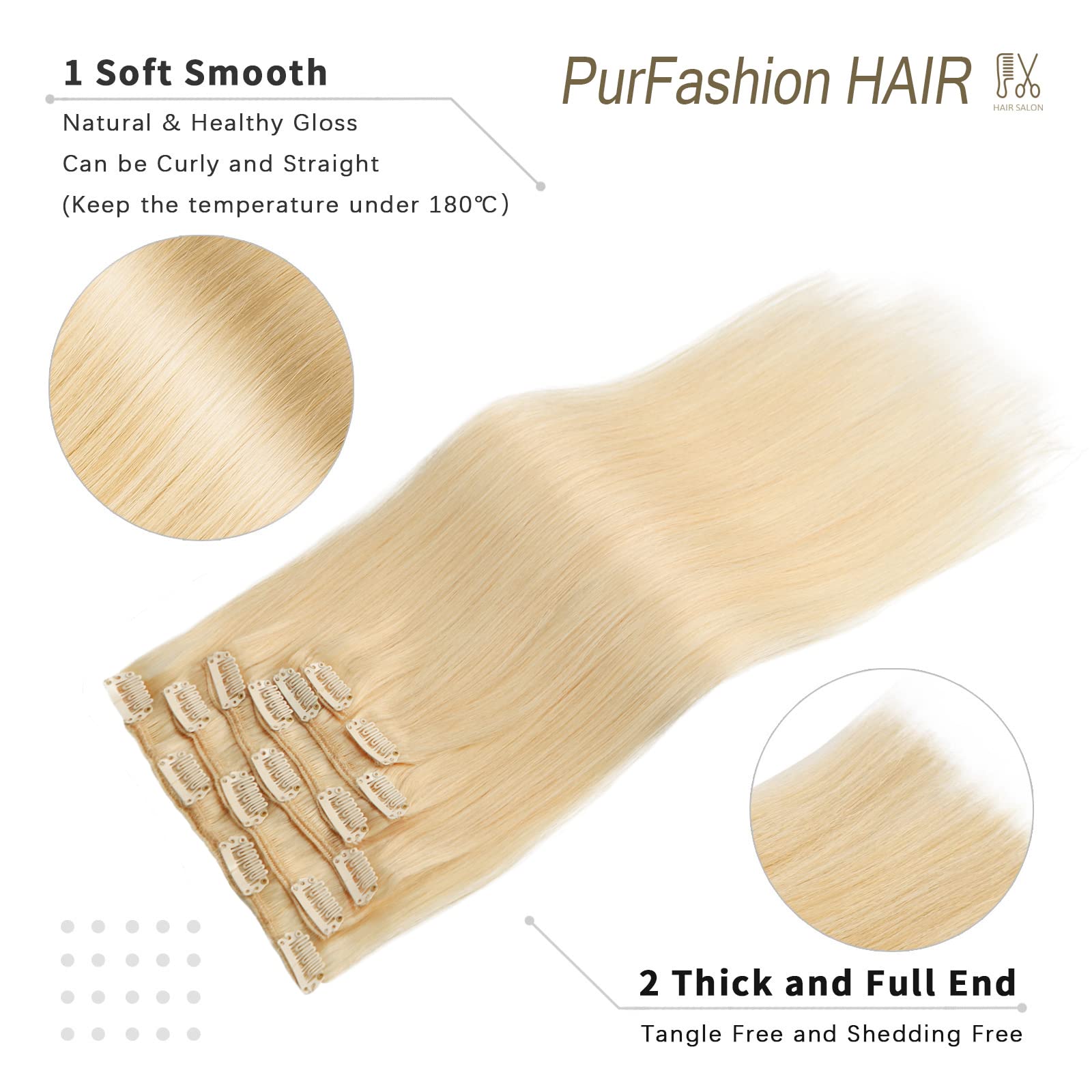 613 Bleach Blonde Clip-in Hair Extensions 20 Inch - 7PCS 70g Soft Thick Remy Human Hair for Volume & Length - Perfect for Parties, Weddings & Daily Styling