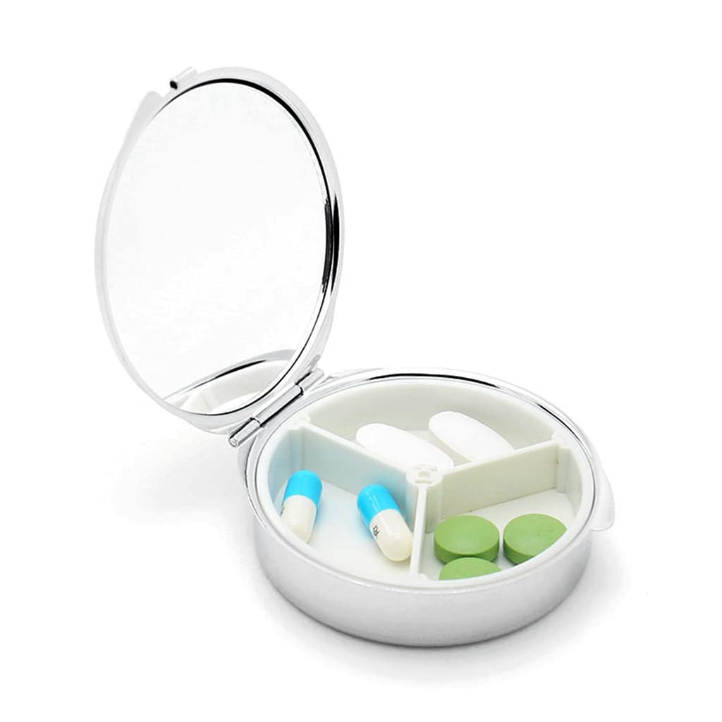 Conruich 3-Pack Round Metal Pill Organizer with Mirror - 3 Compartment Portable Medicine Case for Vitamins, Tablets & Daily Medications | Perfect for Travel, Home & Office Use