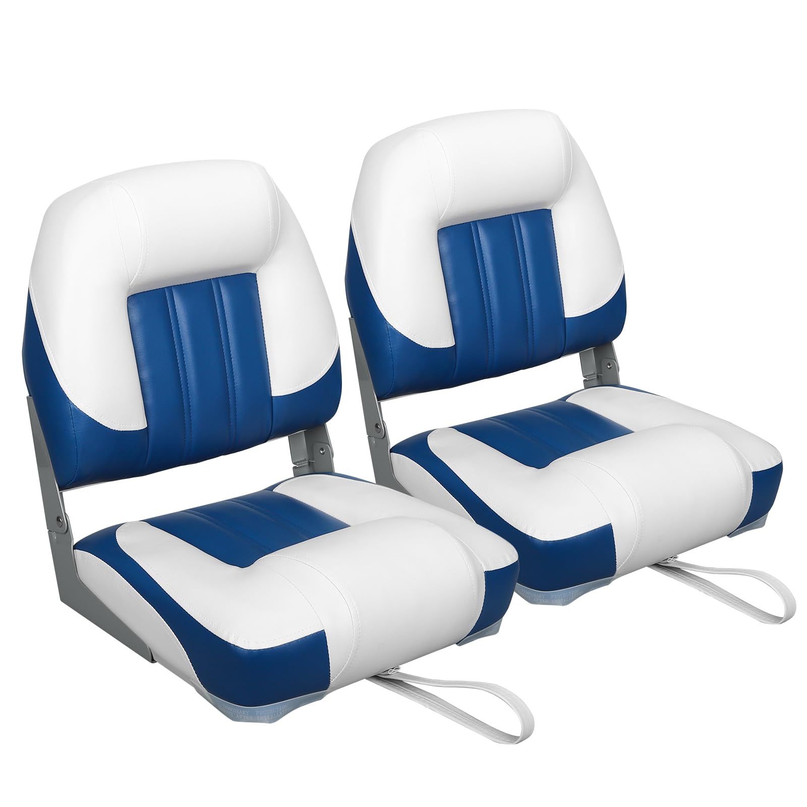 Premium Low Back Folding Boat Seat - 2 Pack White & Blue - Comfortable Fold-Down Fishing Seat for Boats, Kayaks & Pontoon - Ideal for Fishing, Relaxing & Water Sports